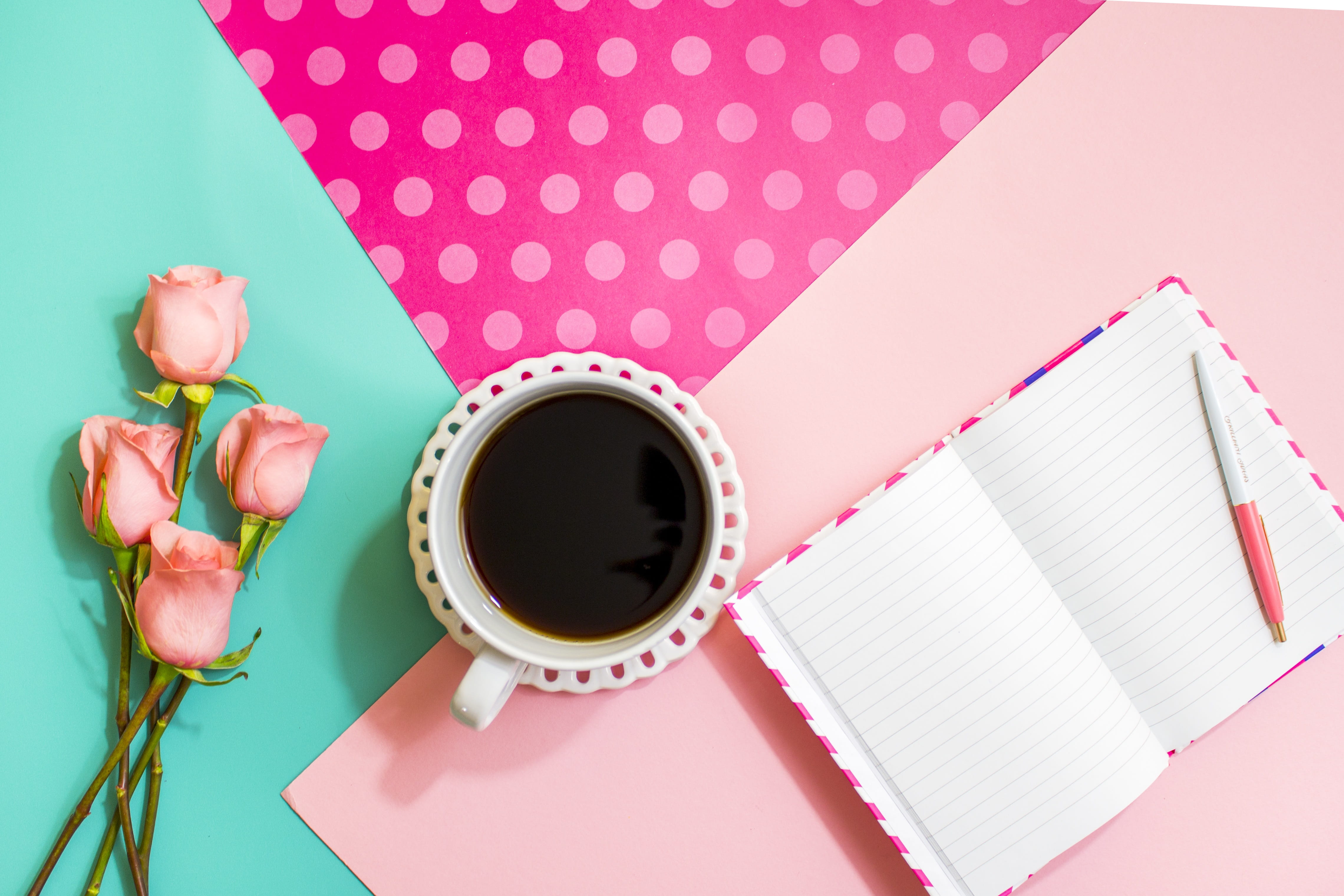 cup, flower, pink color, flowering plant, publication, food and drink, book, plant, directly above, drink, mug, coffee, paper, note pad, table, coffee - drink, HD Wallpaper