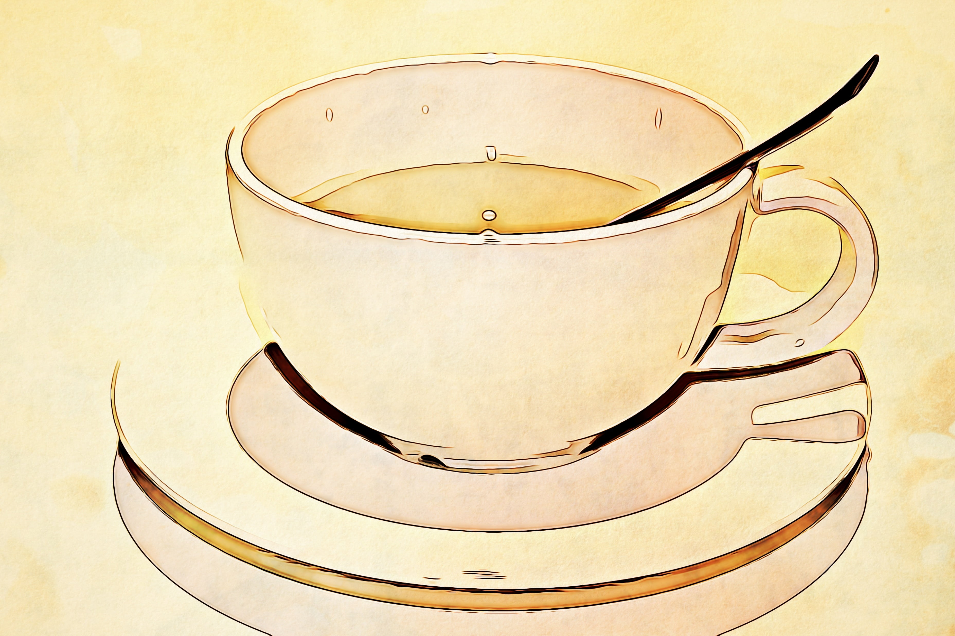 retro styled, teaspoon, cup, spawning, mint tea, illustration, studio shot, high angle view, mug, yellow, healthy eating, saucer, metal, ornate, wellbeing, HD Wallpaper