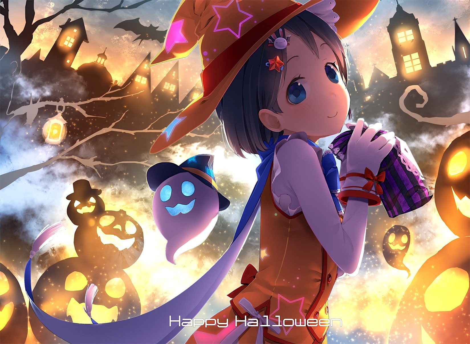 720P, Halloween, witch hat, Jack O Lantern, ghost, witch, Sasaki Chie, HD Wallpaper