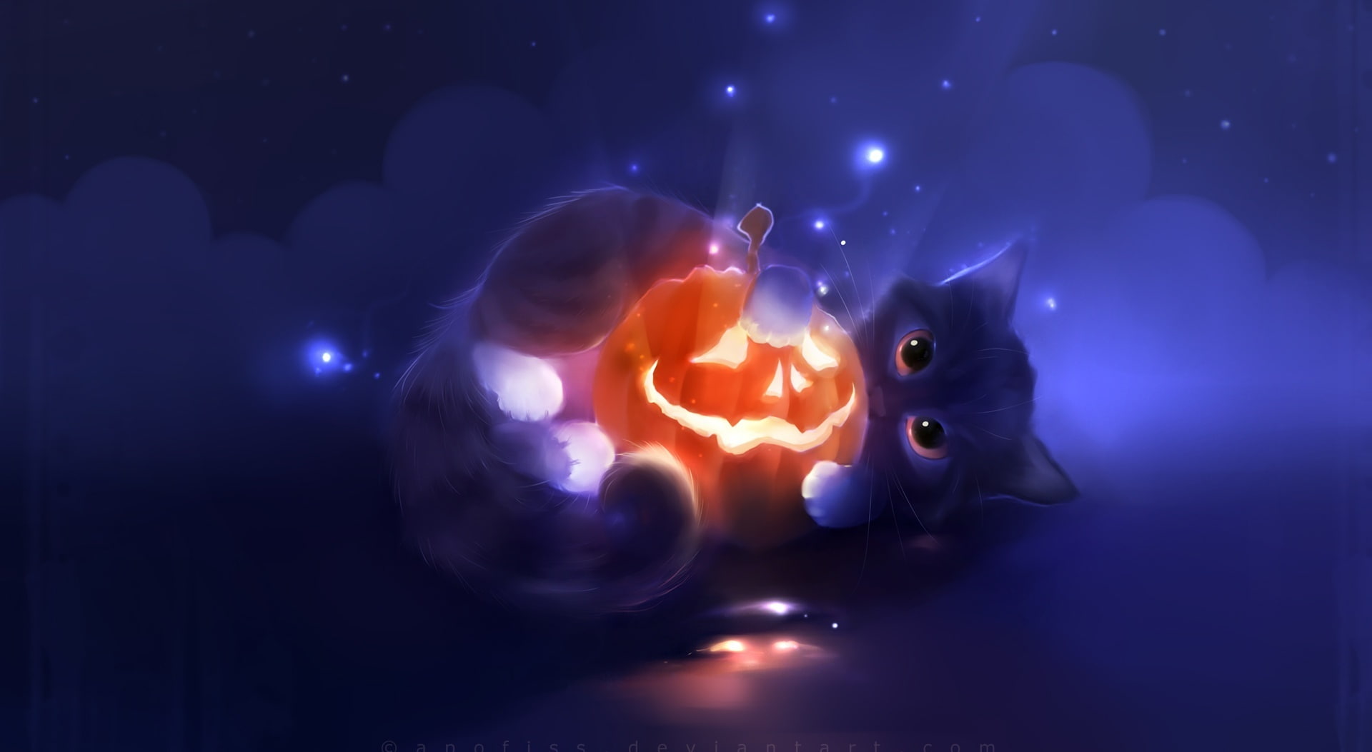 Pumpkin, Cute, black cat, Painting, Artwork, Kitten, Kitty, Fantasy, cat painting, Beautiful, Holidays, 1080P, playing, Animal, jack o lantern, Black, HD Wallpaper