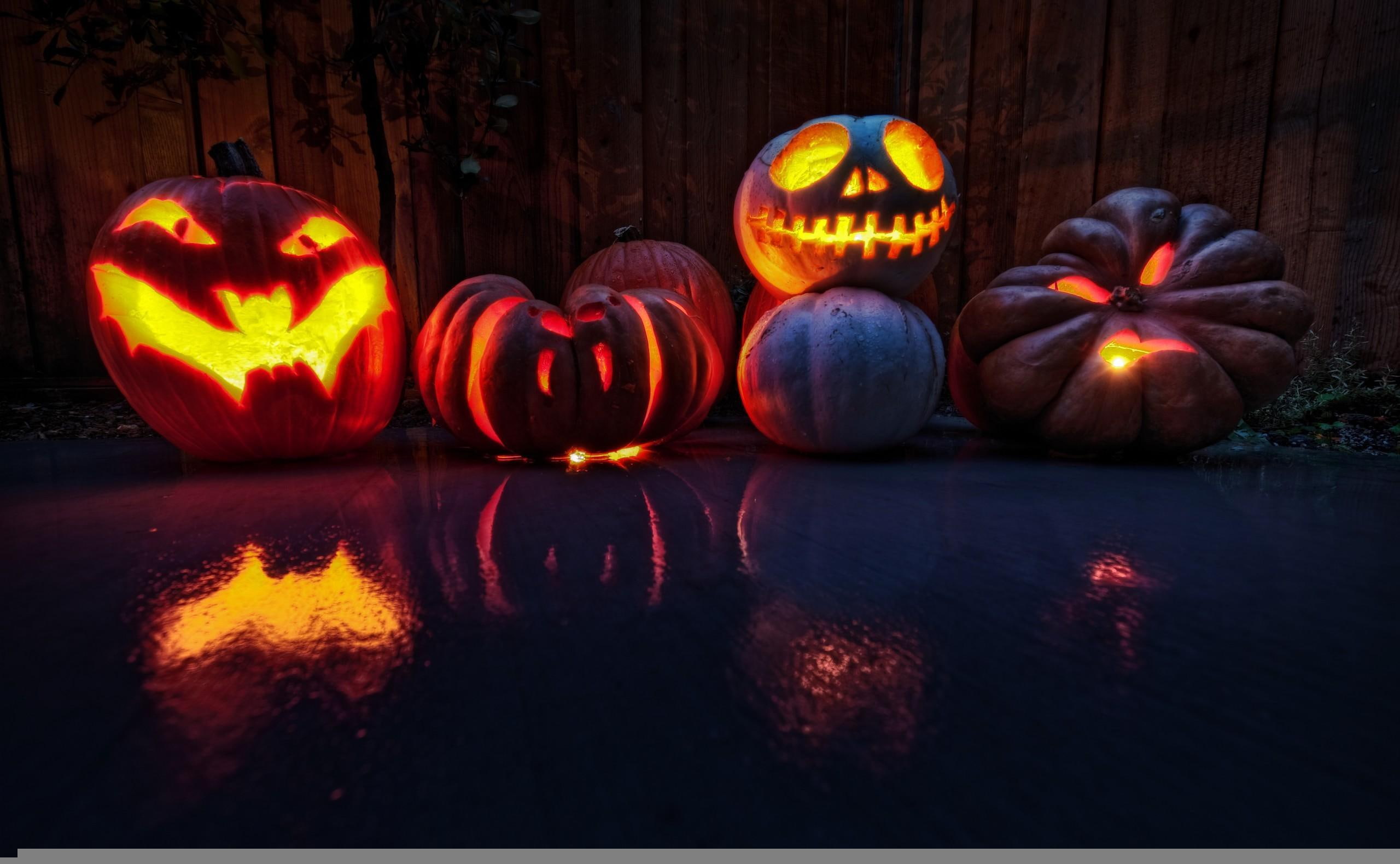 lanterns, 2K, halloween, pumpkin, holiday, faces, HD Wallpaper