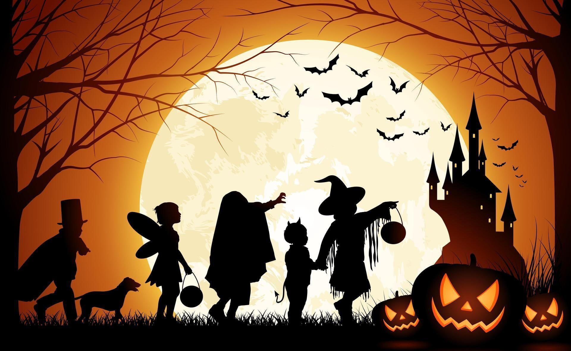pumpkins, 1080P, illustration, moon, halloween, birds, trees, holiday, people, HD Wallpaper
