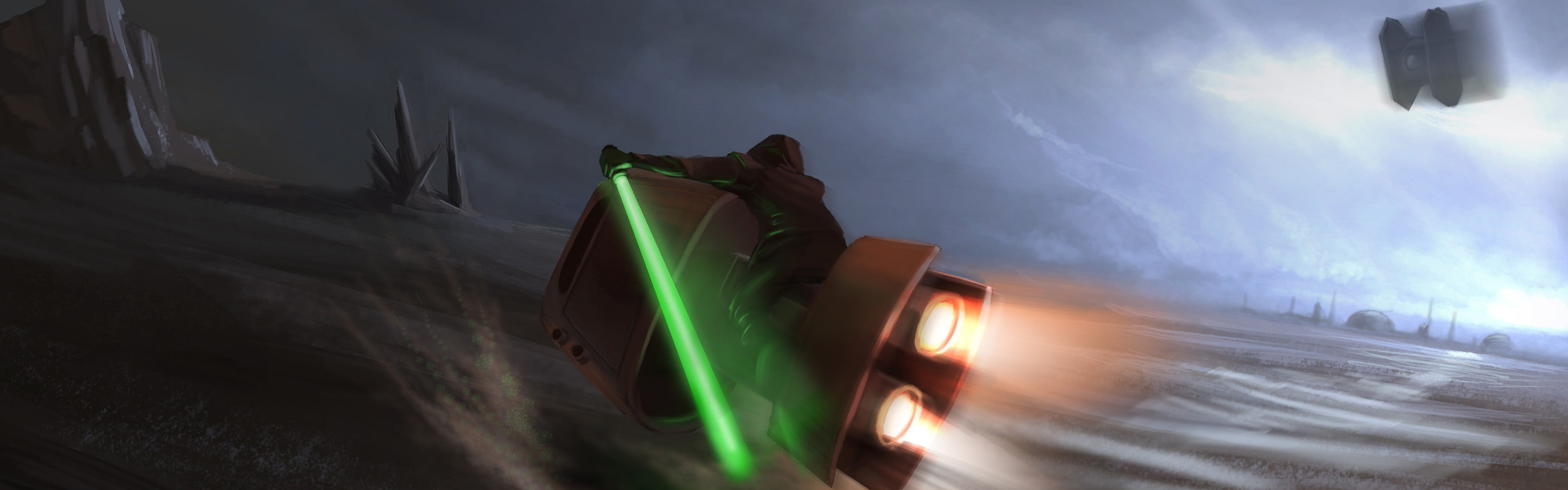 artwork, Jedi, digital, TIE Fighter, nature, photography themes, speeder bike, road trip, sunlight, cloud - sky, motorcycle, green color, technology, lightsaber, HD Wallpaper