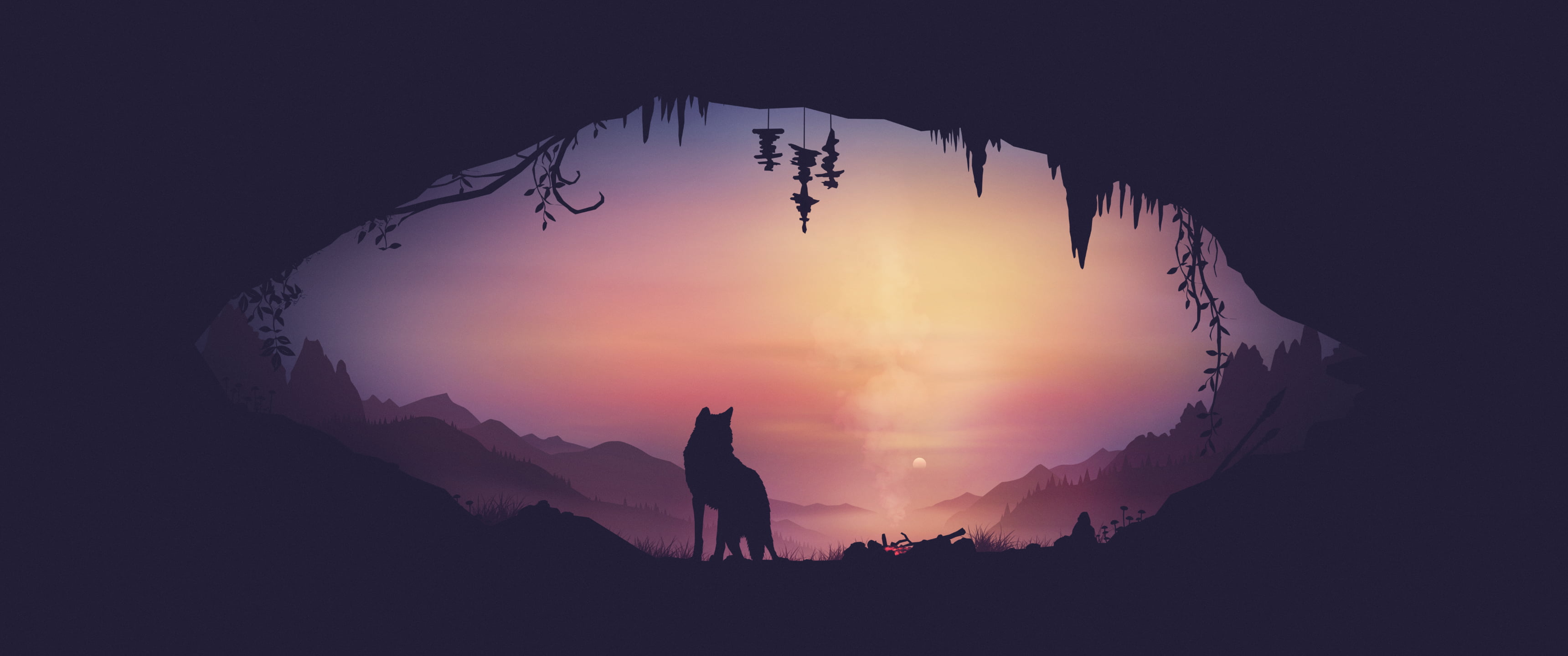 fireplace, Louis Coyle, gradient, vector, digital art, landscape, ultra-wide, sunset, 2K, mountains, wolf, fantasy art, smoke, animals, sunrise, illustration, HD Wallpaper