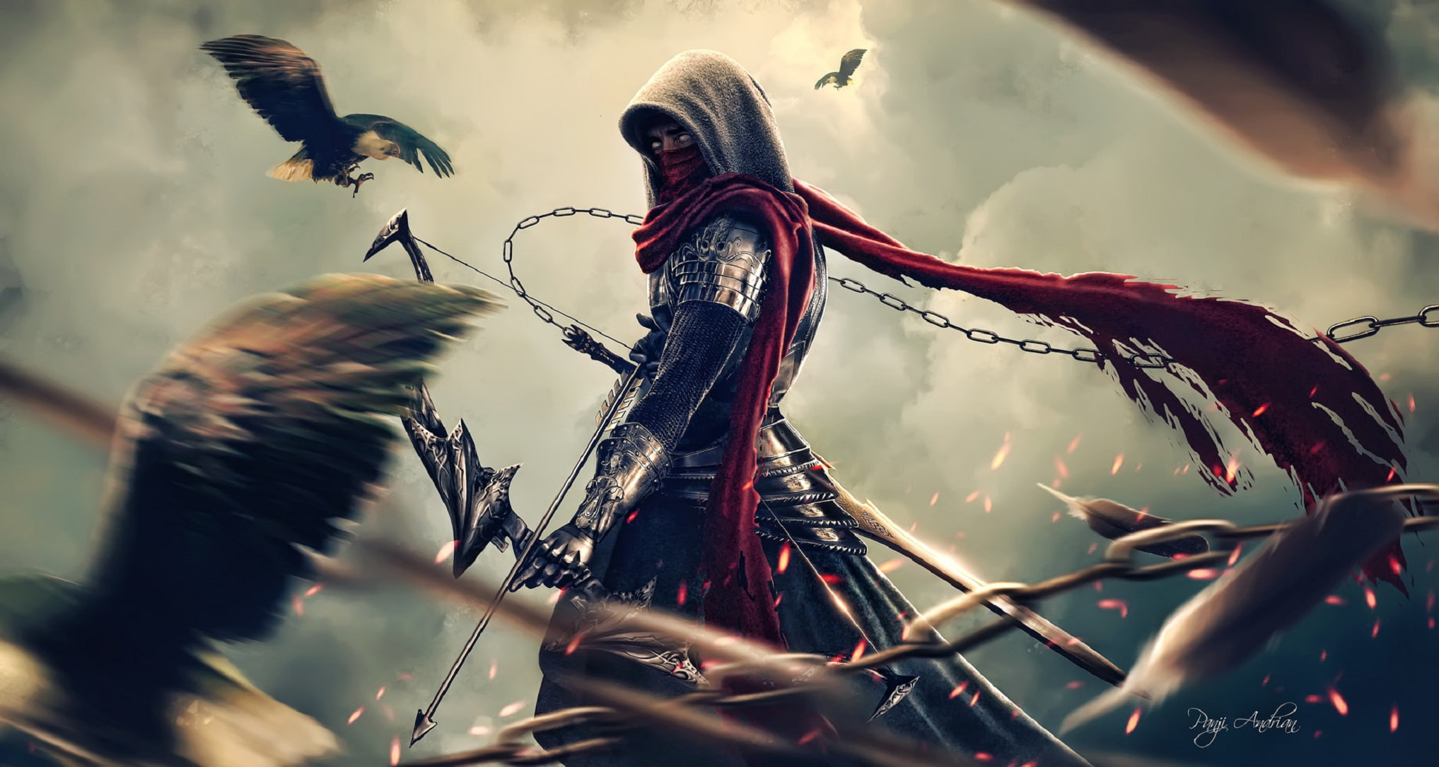 digital art, medieval, 1080P, arrows, hunter, birds, warrior, fantasy art, HD Wallpaper