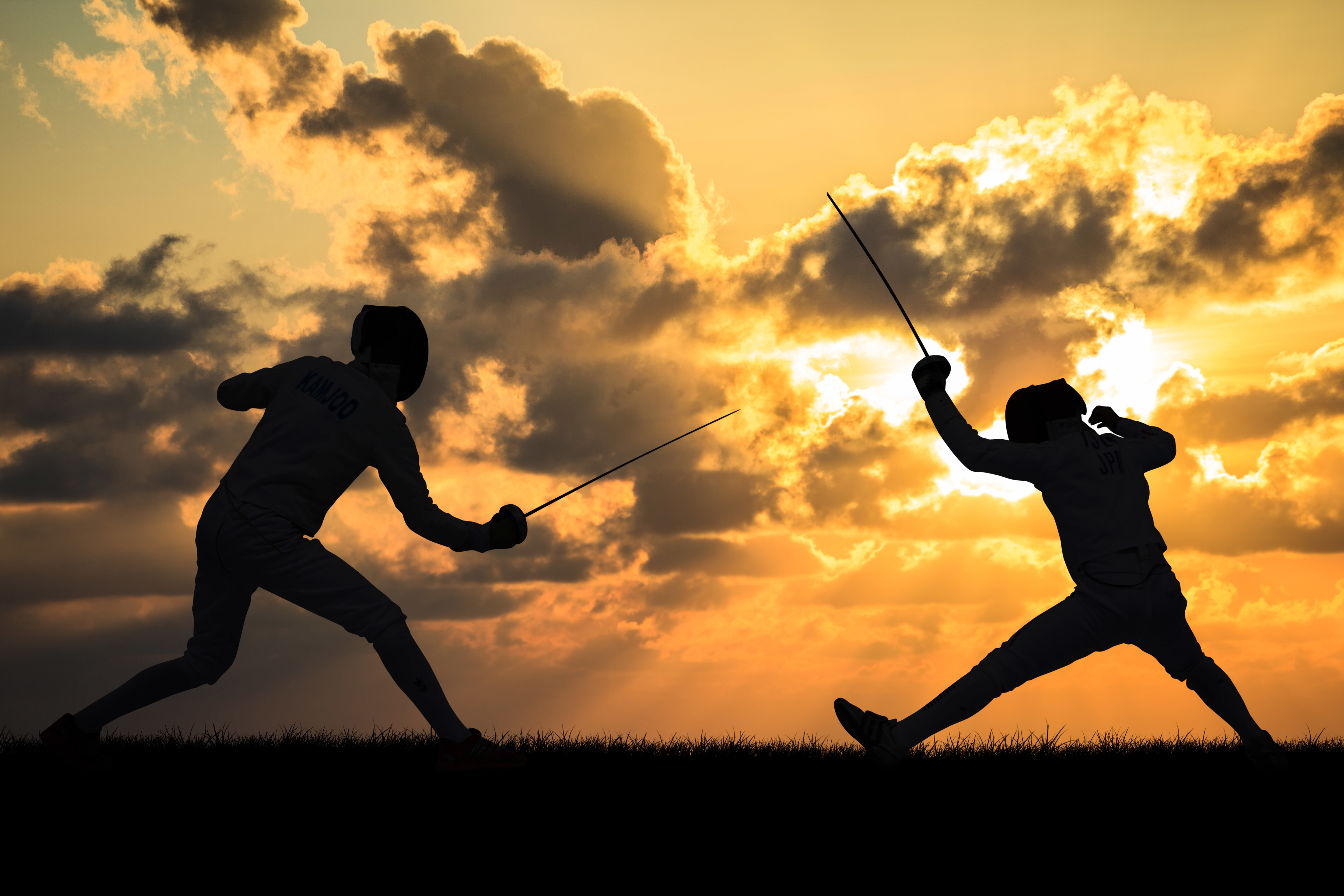 fencers, art, blows, the fight, person, combat, sword, sunset, rapier, 5K, sports, silhouettes, two, not getting them, saber, fencing, apply, HD Wallpaper