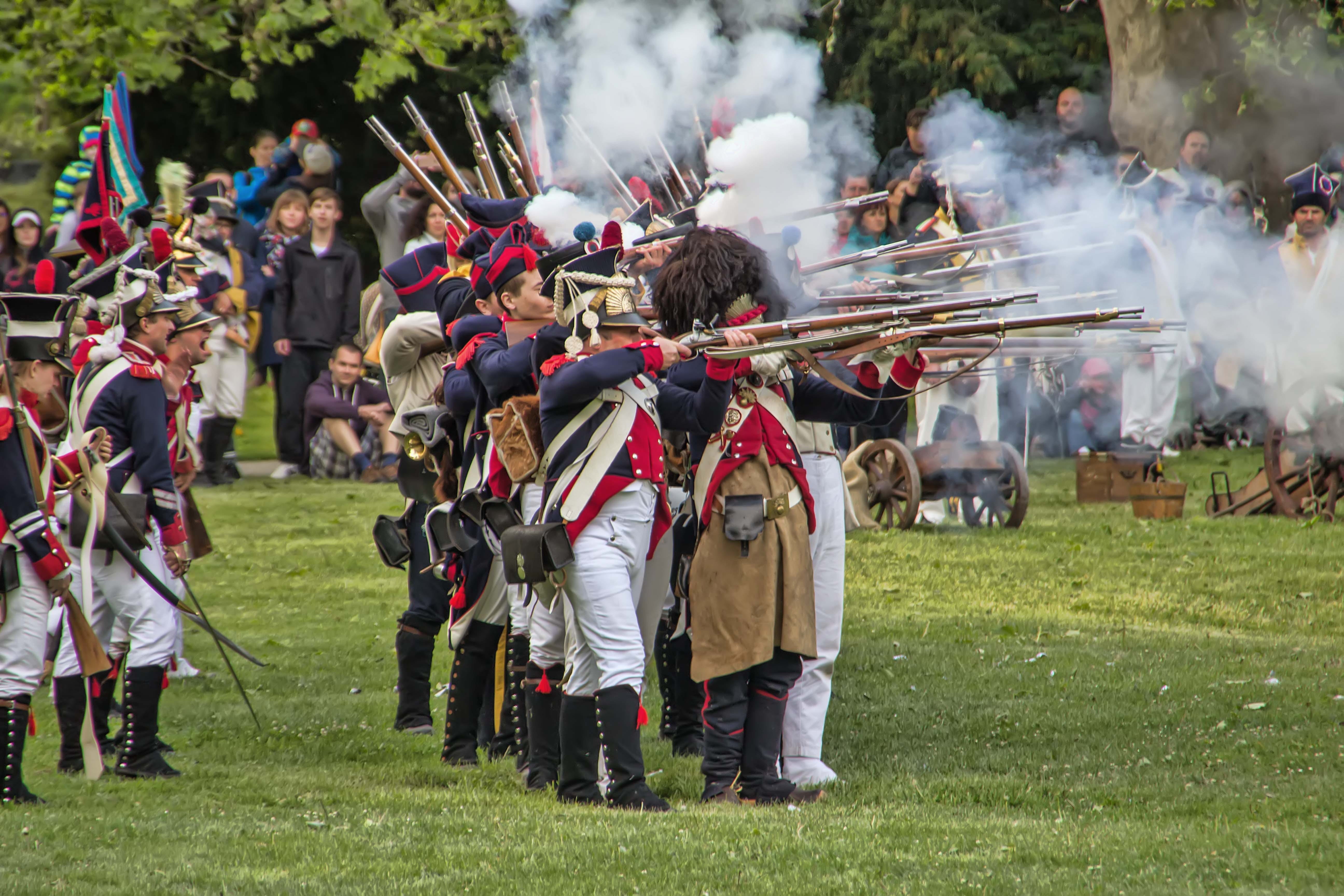 grass, crowd, the battle of york 1809, celebration, real people, uniform, holding, 5K, group of people, history, outdoors, smoke - physical structure, HD Wallpaper