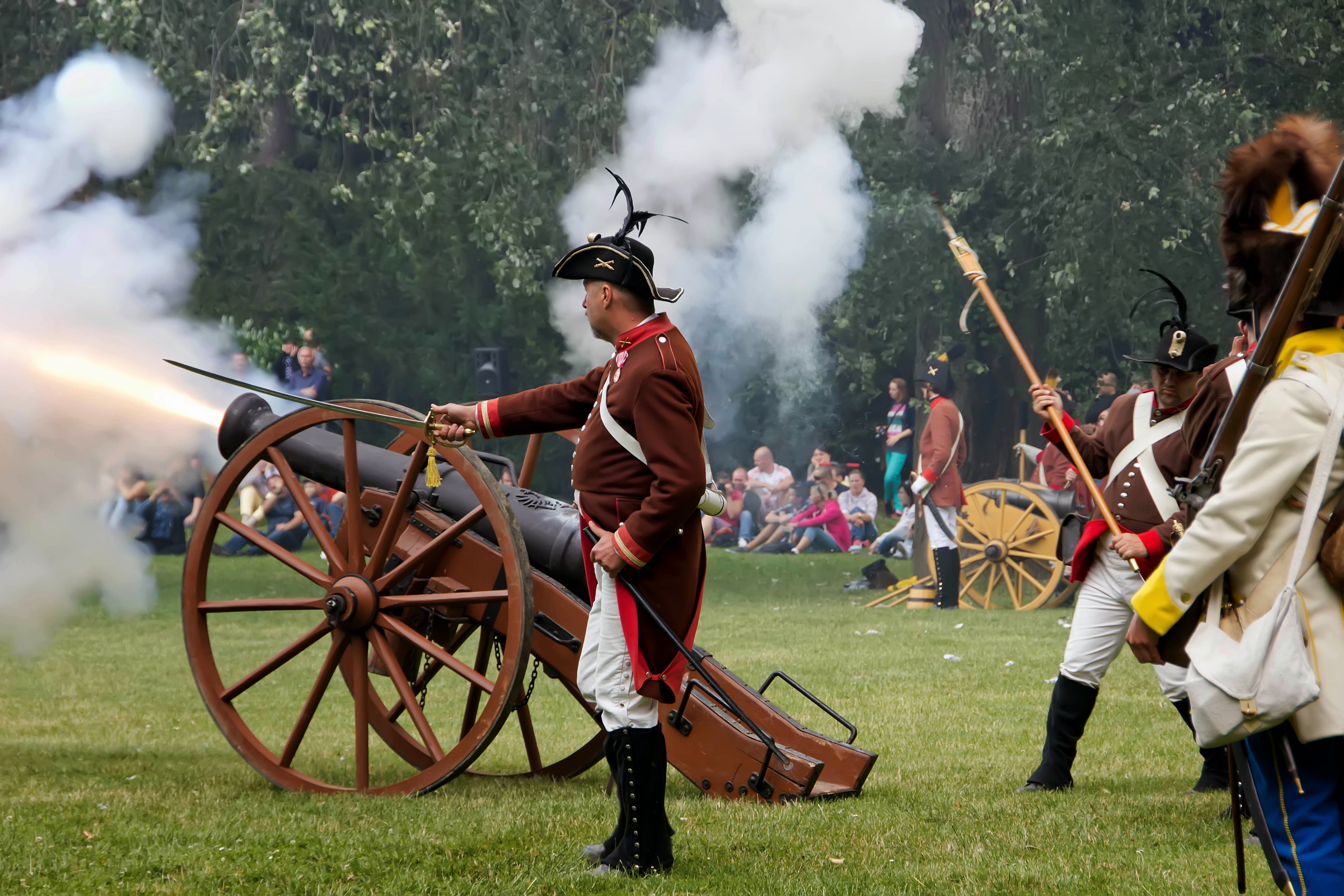 wheel, men, leisure activity, grass, field, lifestyles, cannon, plant, holding, napoleon, 5K, smoke - physical structure, people, shooting, group of people, HD Wallpaper