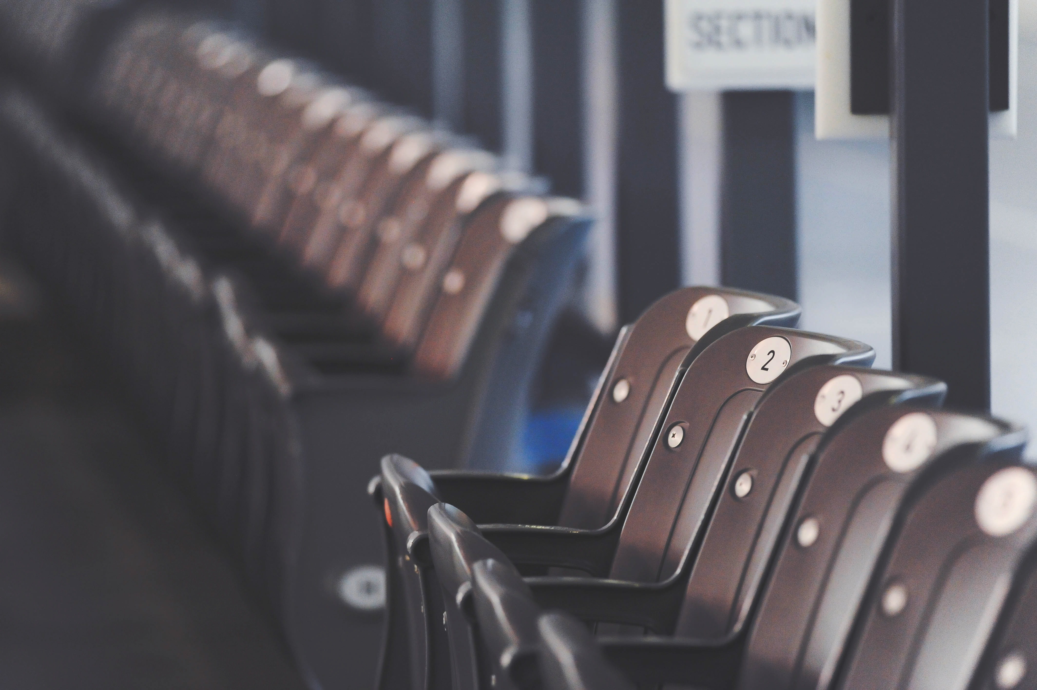 chairs, bench, 4K, no people, row, stands, focus on foreground, stadium, photography themes, sports arena, technology, indoors, arena, equipment, seat, HD Wallpaper