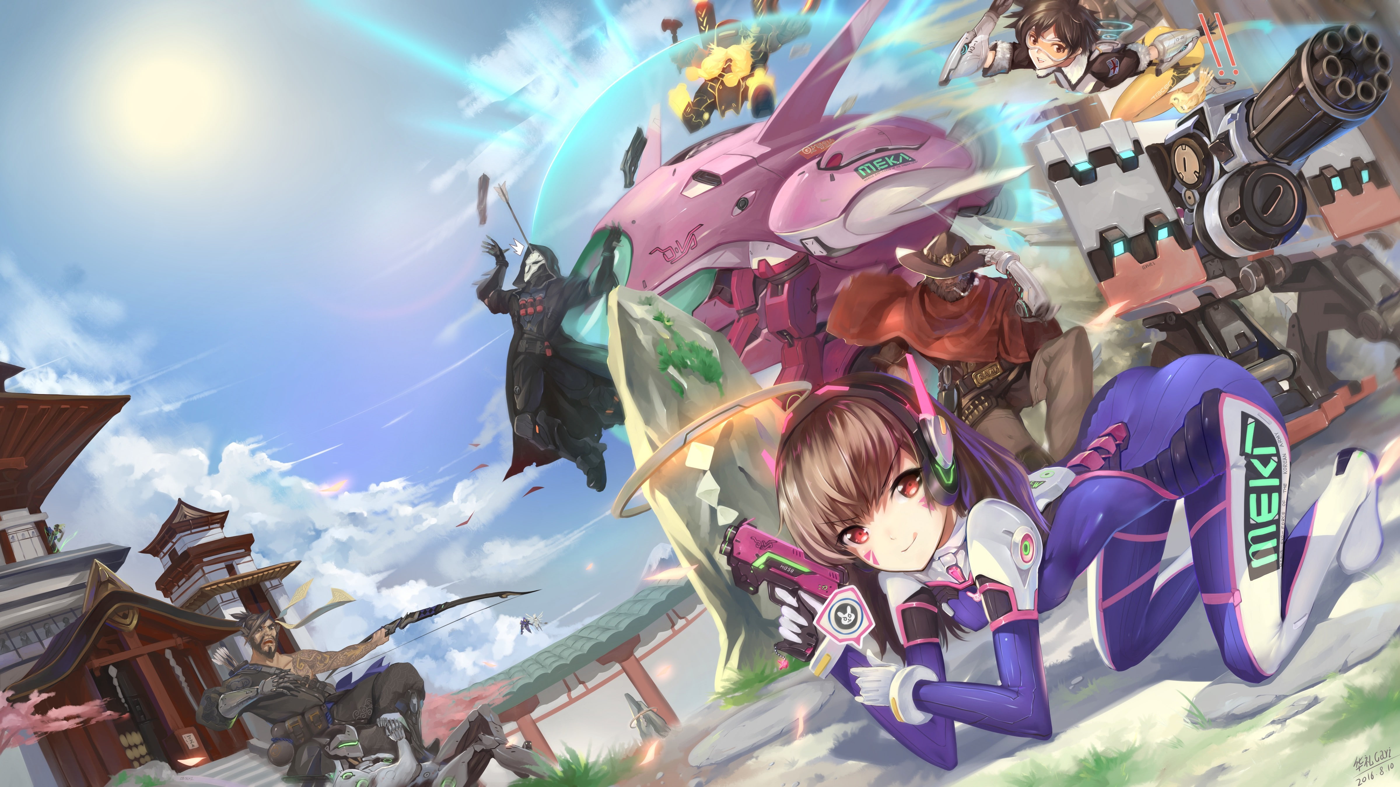 4K, D.Va (Overwatch), Tracer (Overwatch), McRee (Overwatch), weapon, Genji Shimada, mech, Hanzo Shimada, Hanzo (Overwatch), gun, bodysuit, anime, Overwatch, HD Wallpaper