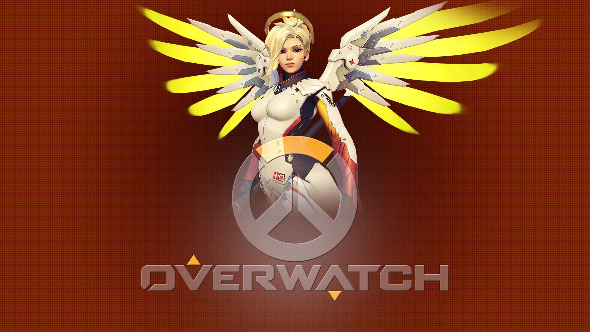hairstyle, pattern, Mercy (Overwatch), celebration, 1080P, smiling, PT-Desu (Author), adult, video games, front view, one person, Overwatch, text, shape, HD Wallpaper