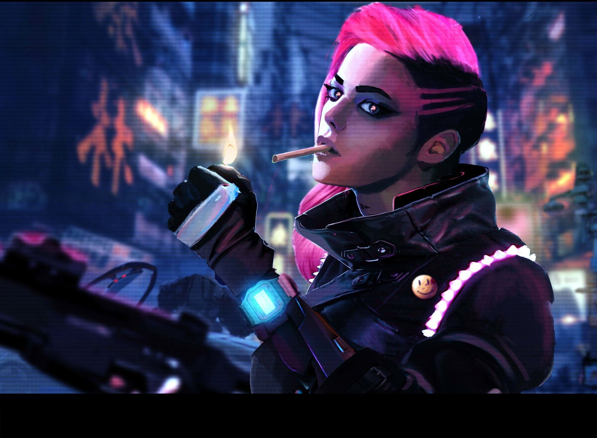 gun, warm clothing, side shave, young women, one person, portrait, nightlife, architecture, night, sombra, beautiful woman, performance, looking at camera, HD Wallpaper