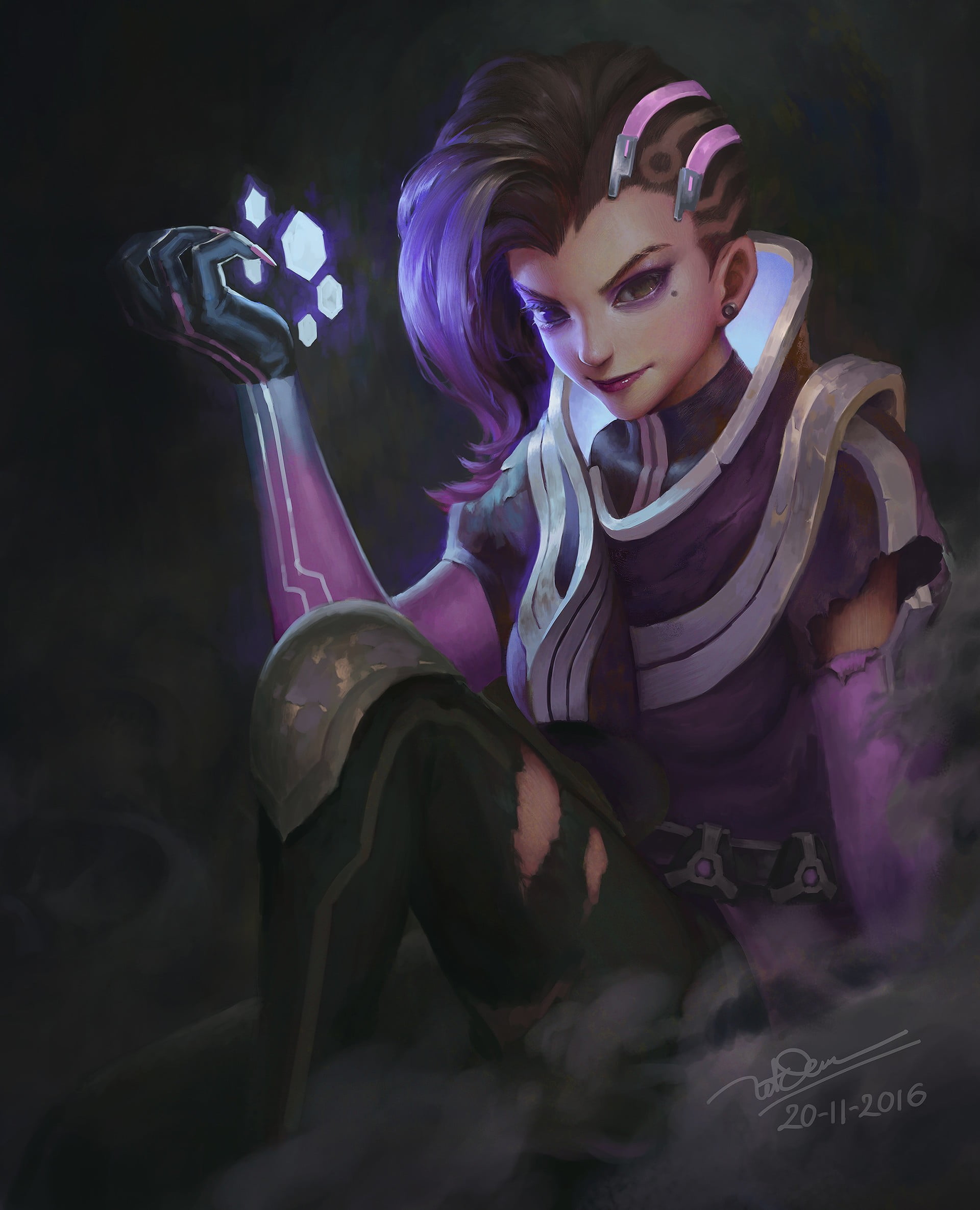 young women, looking at camera, purple, hair, clothing, dark, adult, hairstyle, holding, make-up, va, Sombra (Overwatch), dyed hair, young adult, one person, Phone HD Wallpaper