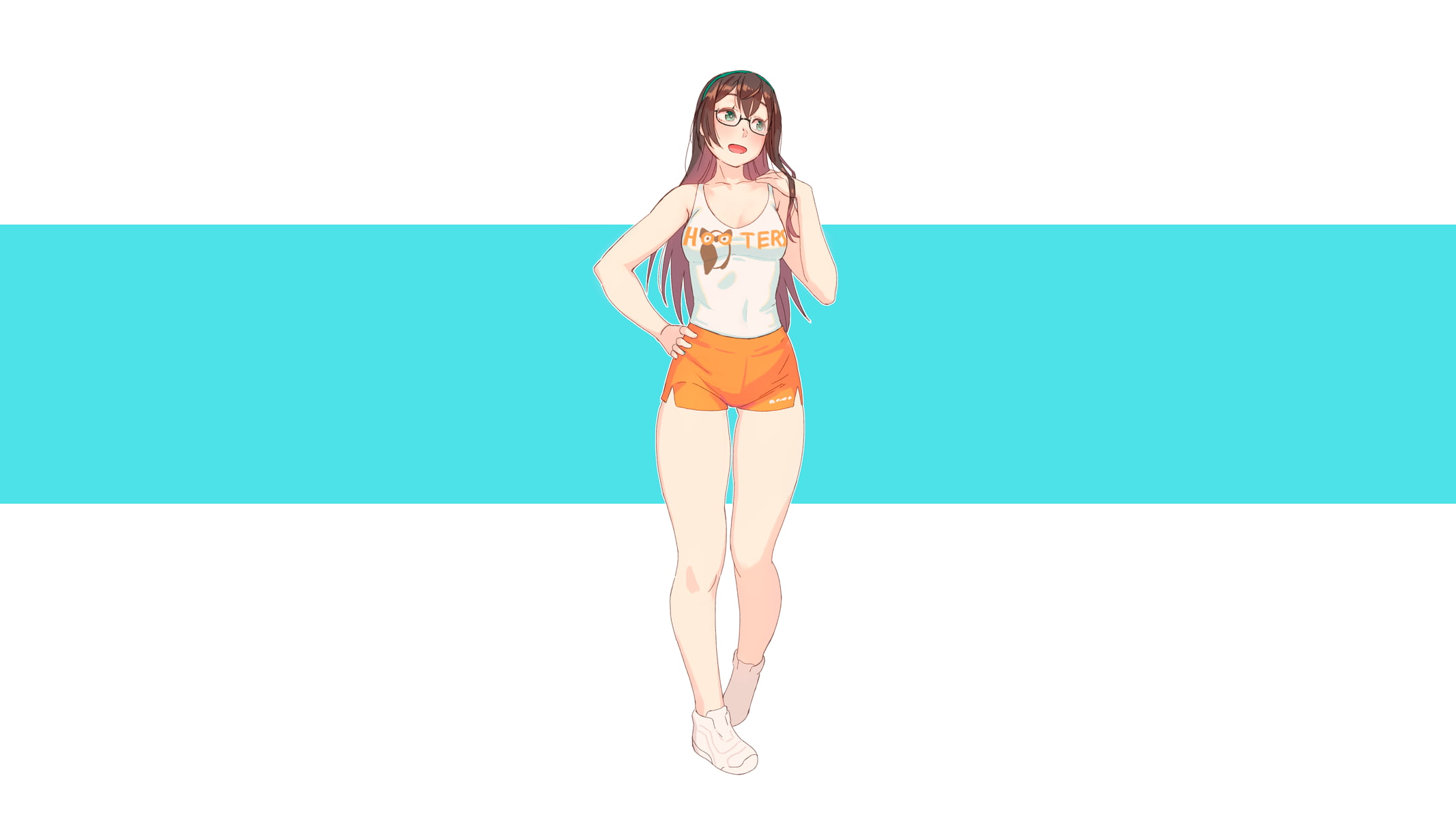 tank top, short shorts, Kantai Collection, long hair, looking away, women, fan art, women with glasses, illustration, cleavage, the gap, minimalism, sneakers, HD Wallpaper