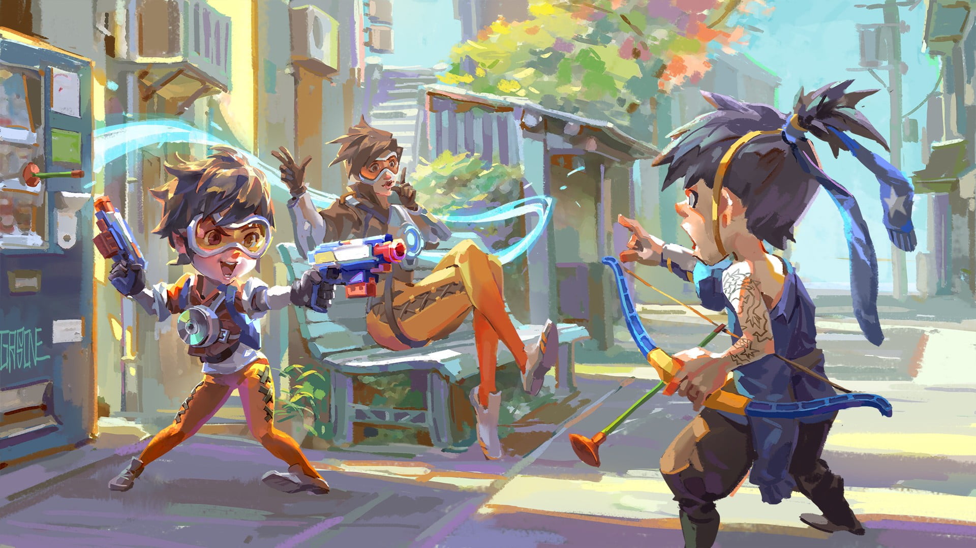  happiness, street, illustration, boys, three, innocence, vector, day, group of people, human arm, child, Hanzo (Overwatch), cartoon, Overwatch, HD Wallpaper