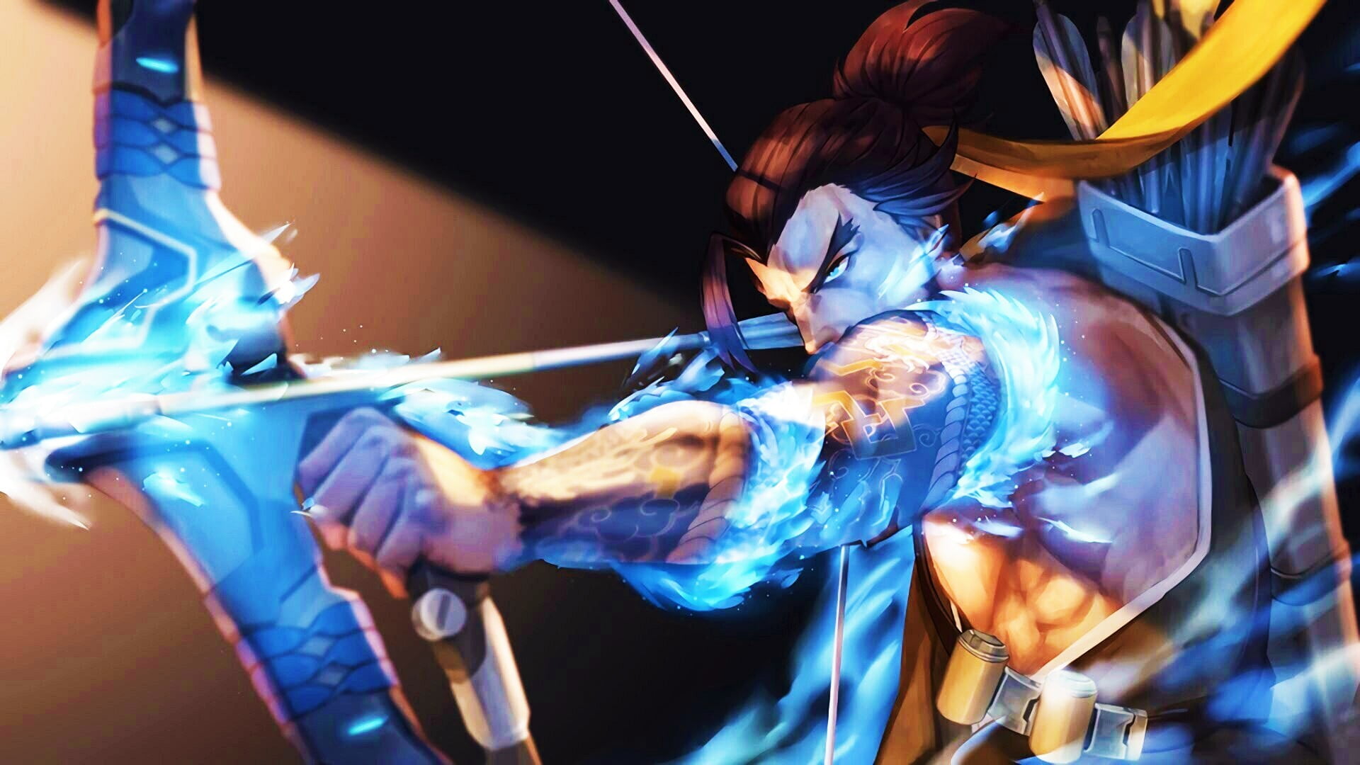 adult, midsection, indoors, hair, dragon, archer, 1080P, musical equipment, group of people, occupation, computer, dark, white, stage, Hanzo (Overwatch), HD Wallpaper