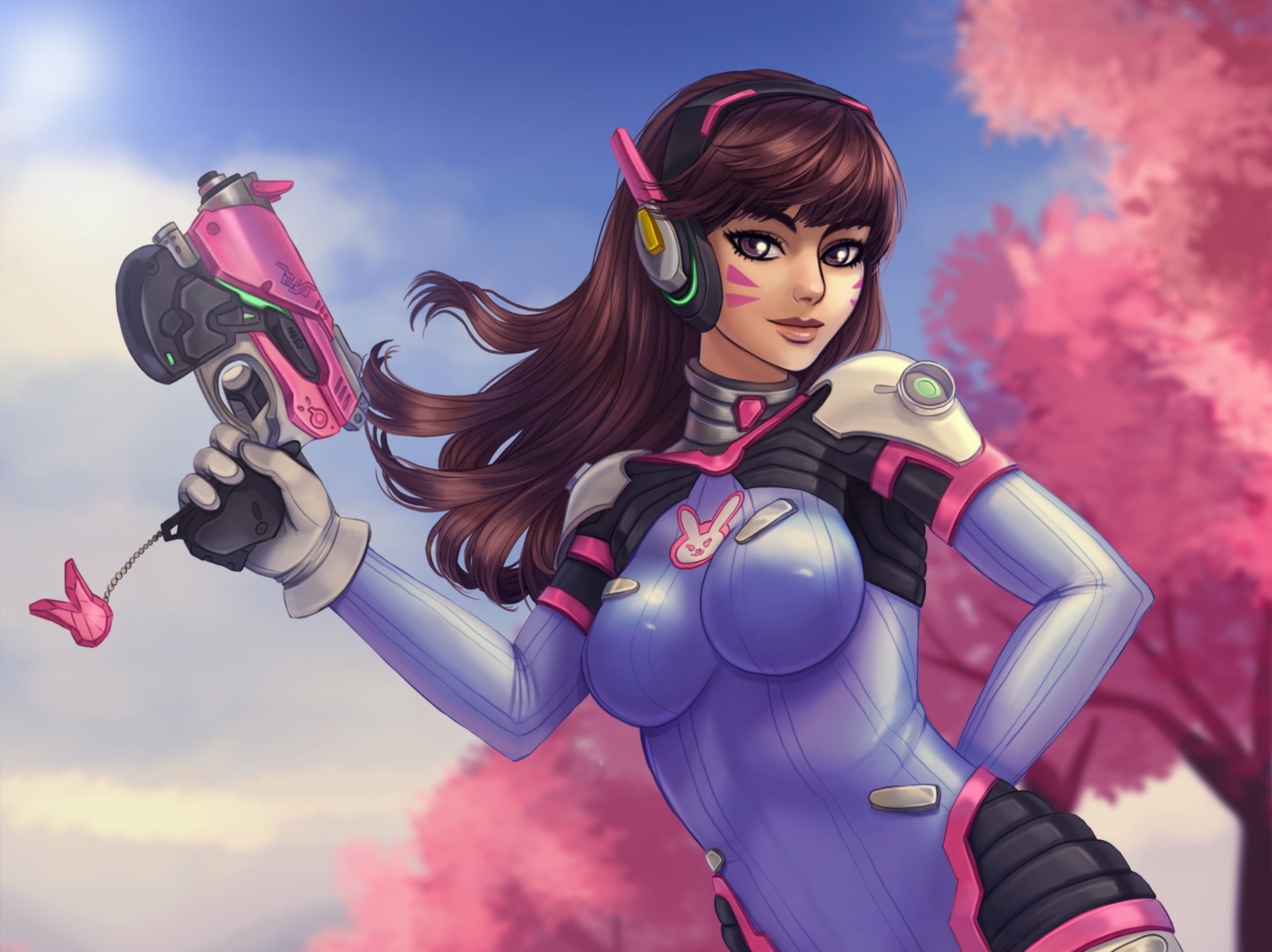 girl, Overwatch, D.Va, art, gun, 2K, hana song, chest, HD Wallpaper