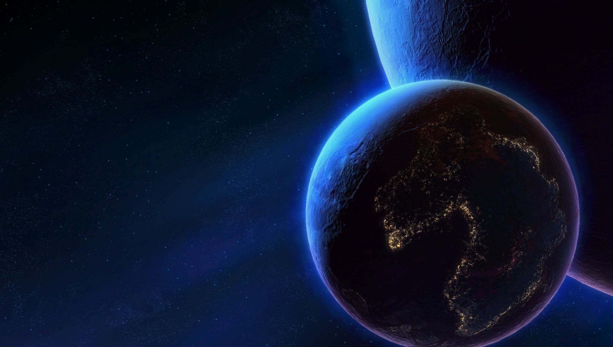 illuminated, backgrounds, star - space, blue, space, astronomy, nature, no people, sphere, StarCraft, planet - space, outdoors, cloud - sky, digital composite, HD Wallpaper