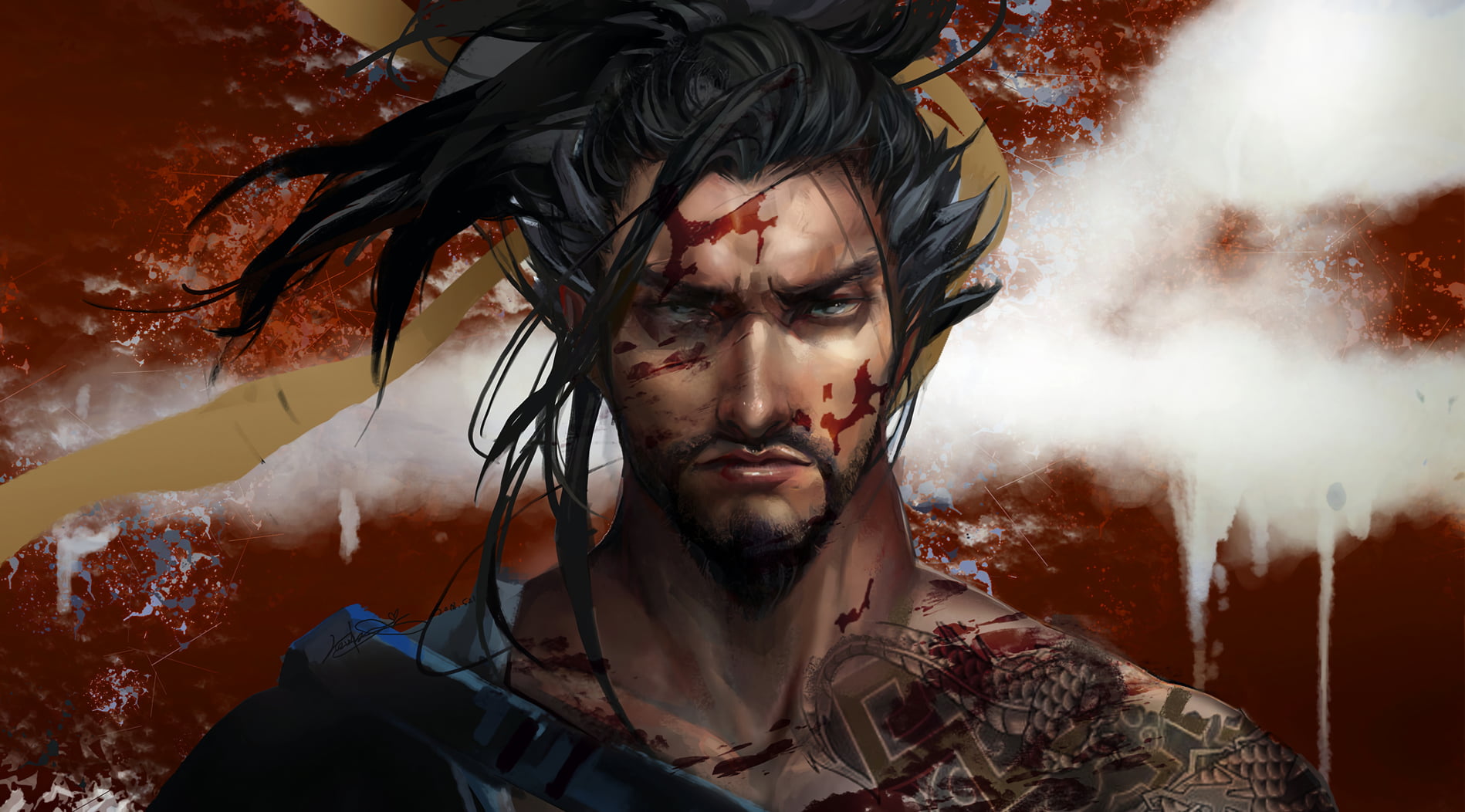 portrait, tattoo, video games, Hanzo (Overwatch), video game characters, blood, Overwatch, artwork, 720P, men, Hanzo Shimada, digital art, HD Wallpaper