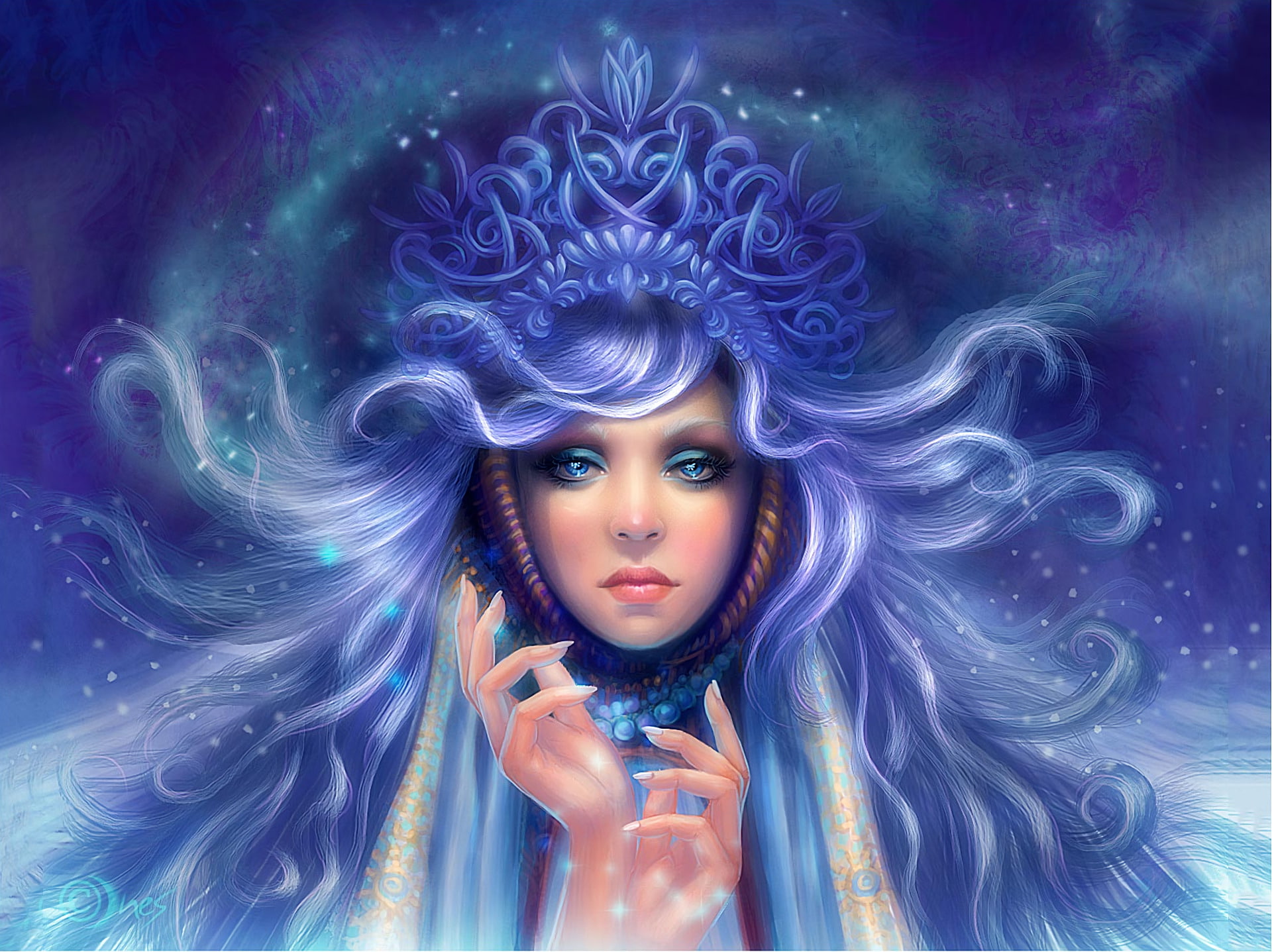 Woman, Blue, Ice, Girl, Blue Hair, Crown, 1080P, Fantasy, Women, Winter, Blue Eyes, HD Wallpaper