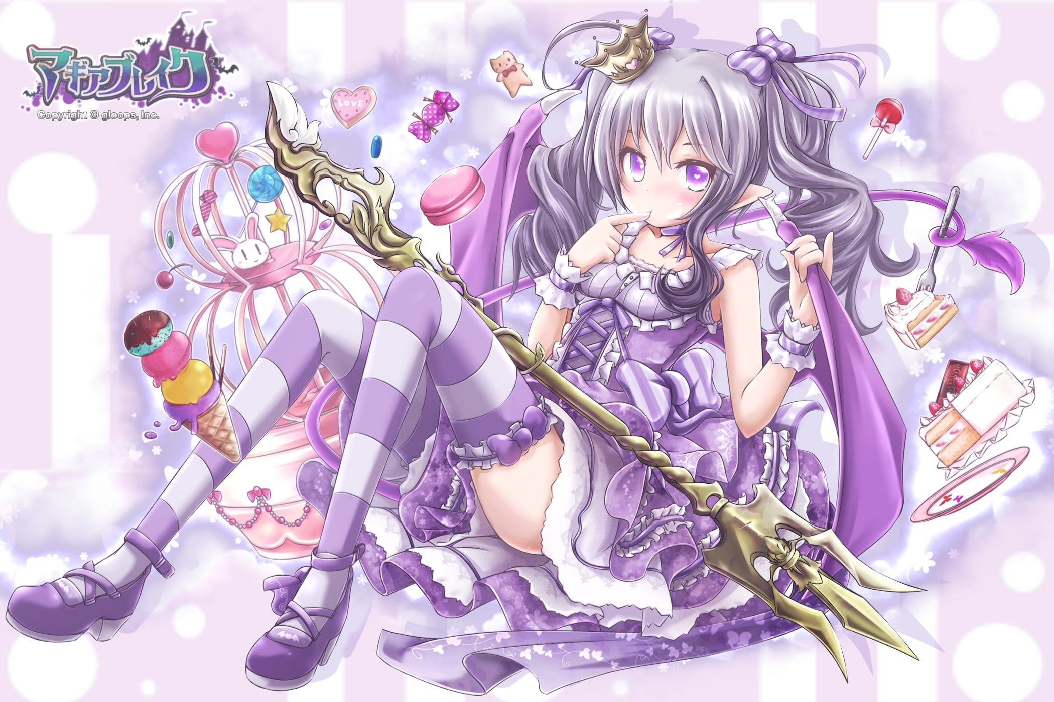 crown, eyes, 1080P, weapon, food, bow, cake, candy, logo, dress, original, konachan, purple, com, tail, thighhighs, coto, wings, akino, ears, long, 260654, HD Wallpaper