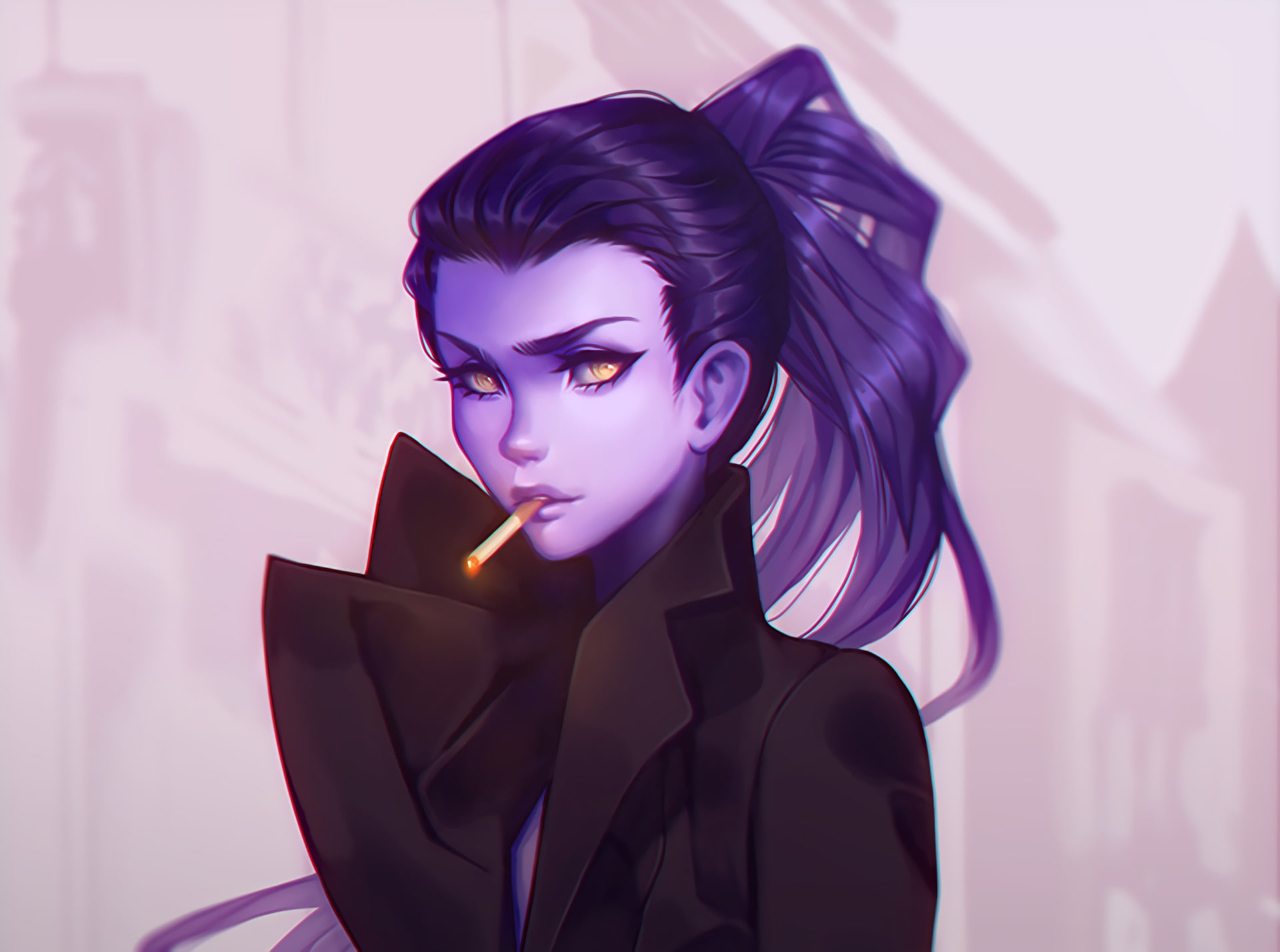 Widowmaker (Overwatch), Long Hair, Yellow Eyes, Cigarette, Ponytail, Overwatch, Purple Hair, Amélie Lacroix, Video Game, 1080P, Smoke, Jacket, HD Wallpaper