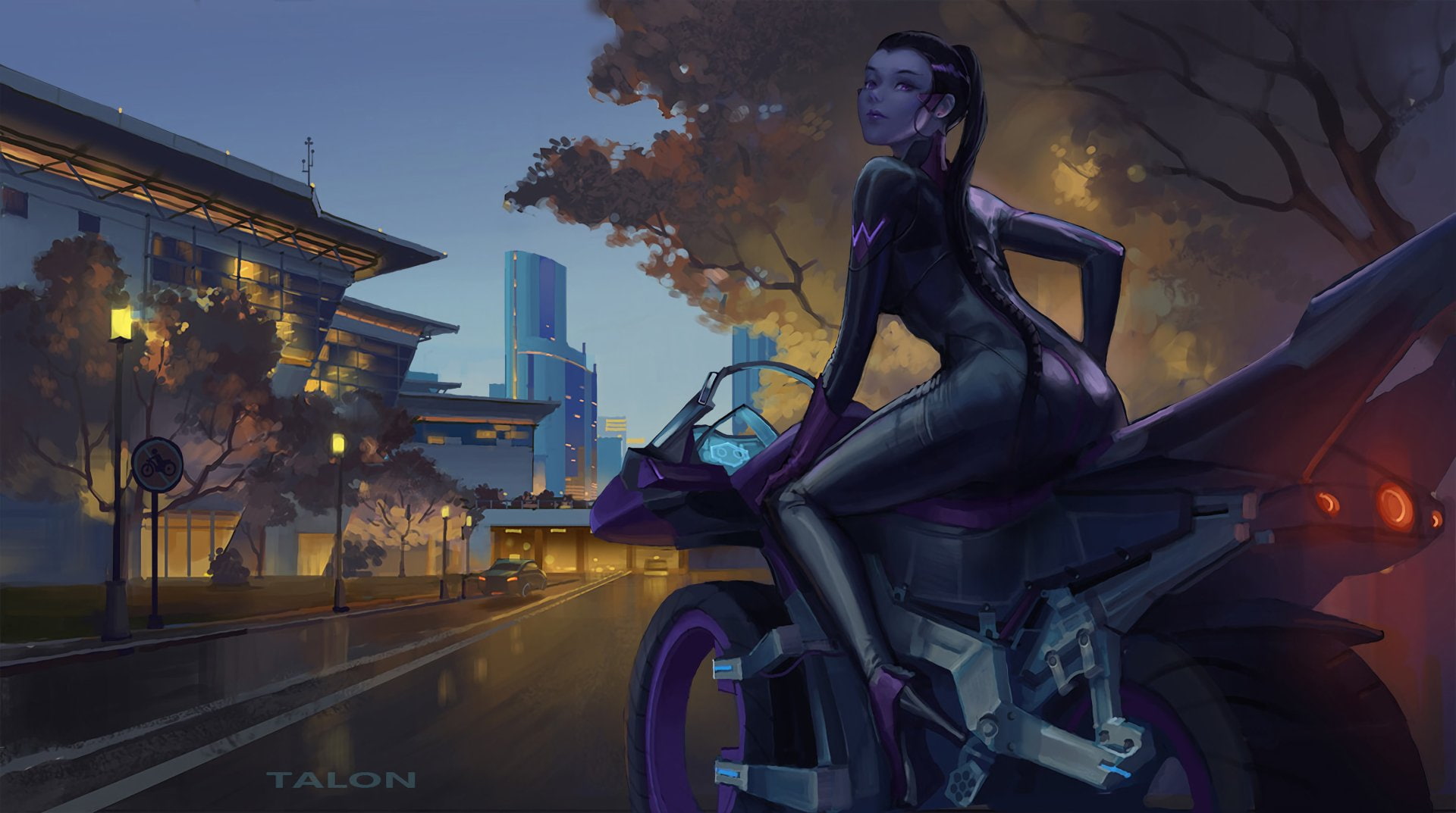 1080P, Ponytail, Video Game, City, Amélie Lacroix, Motorcycle, High Heels, Leather, Purple Eyes, Purple Hair, Overwatch, Widowmaker (Overwatch), HD Wallpaper