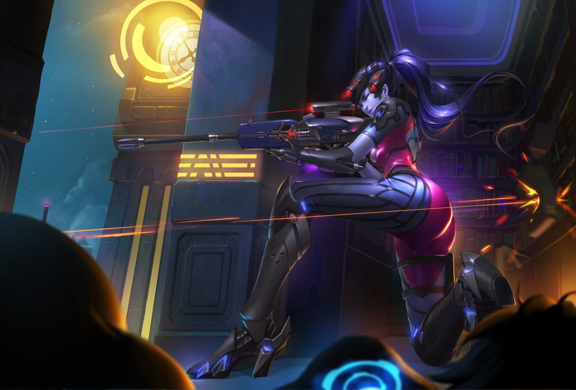 1080P, Ponytail, Big Ben, Sniper, Widowmaker (Overwatch), London, Overwatch, Purple Hair, Amélie Lacroix, Tracer (Overwatch), Laser, Sniper Rifle, Video, HD Wallpaper