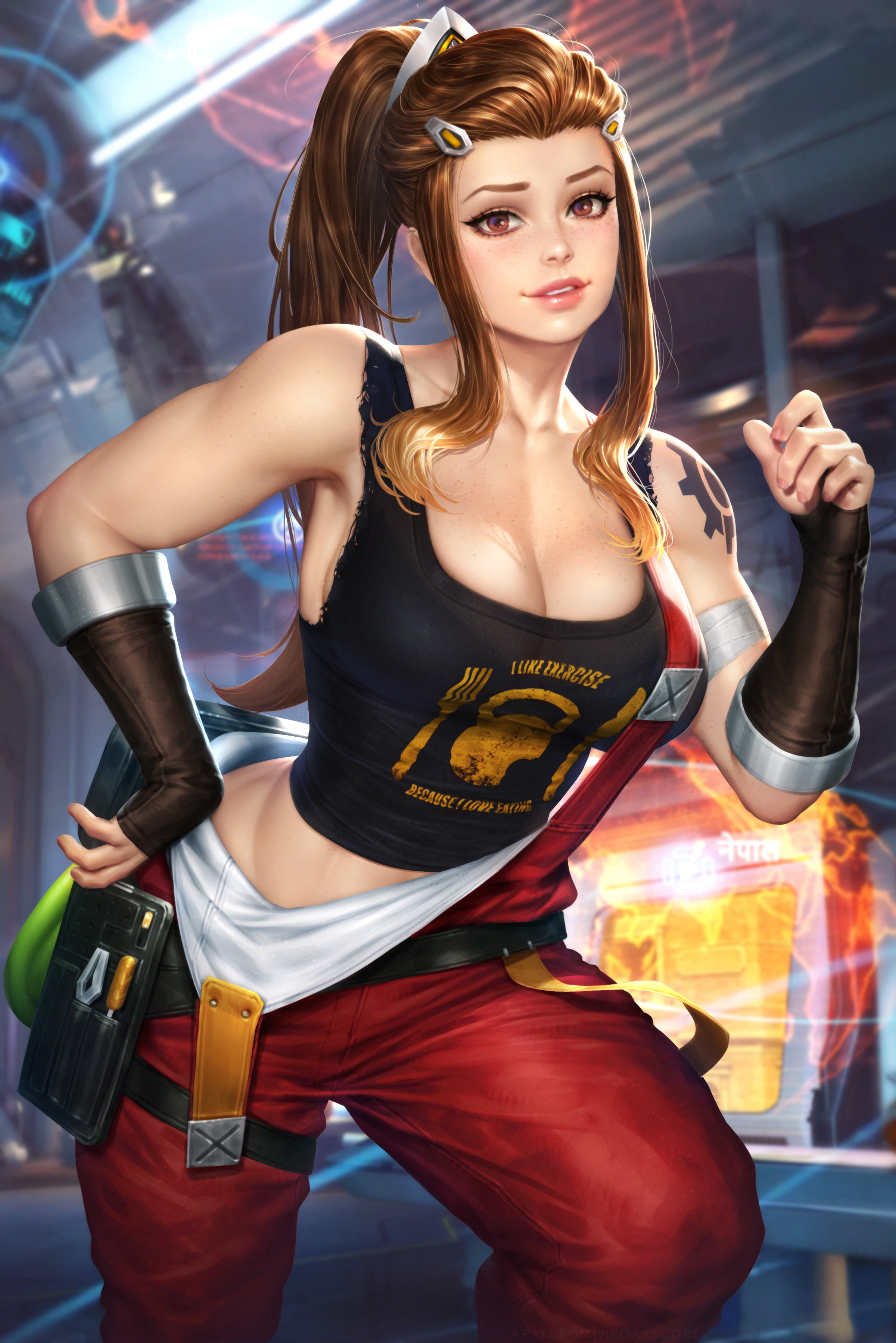 illustration, vertical, freckles, video game girls, 2K, NeoArtCorE (artist), portrait display, overalls, smiling, Overwatch, fan art, looking at viewer, Phone HD Wallpaper