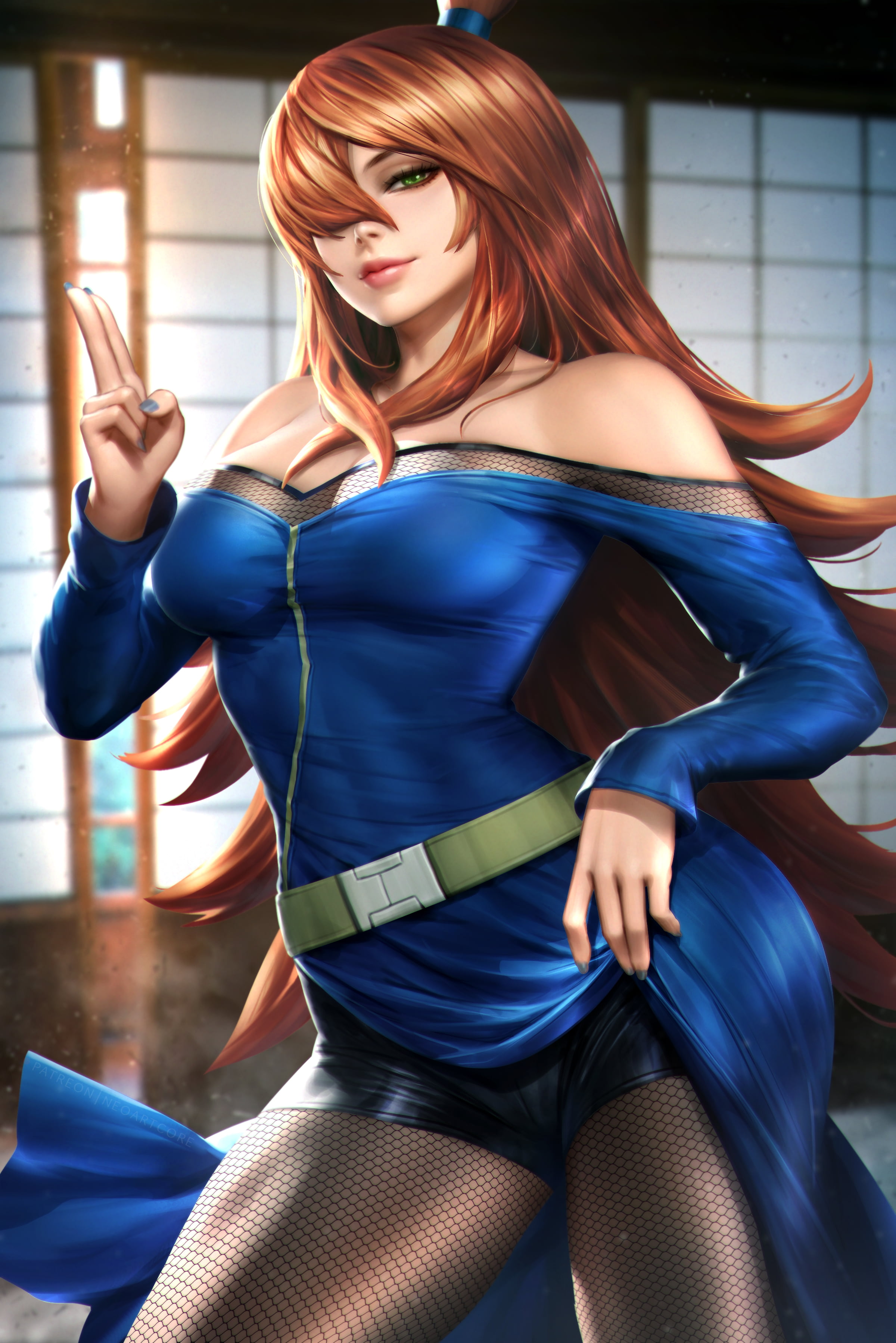 fishnet pantyhose, blue clothing, Kunoichi, artwork, cleavage, vertical, dress, long hair, anime girls, fan art, 2K, anime, portrait display, digital art, Phone HD Wallpaper