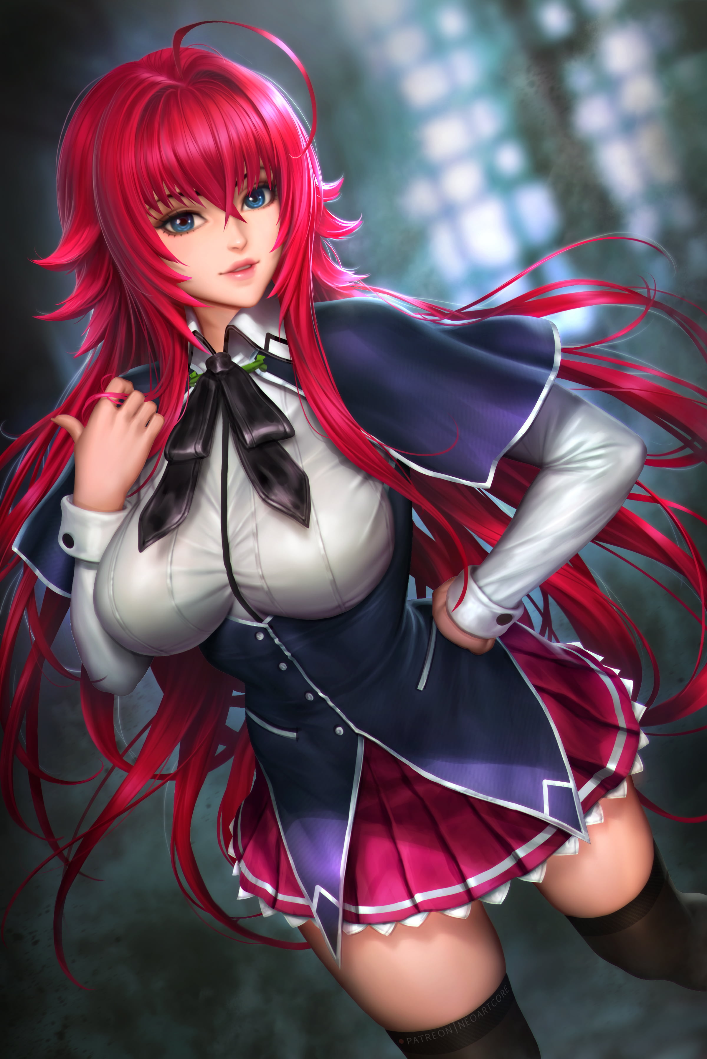 schoolgirl uniform, High School DxD, 2K, long hair, digital art, redhead, NeoArtCorE (artist), fantasy girl, anime, schoolgirl, artwork, stockings, blue eyes, Phone HD Wallpaper