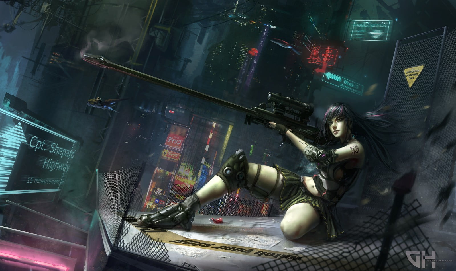 sniper rifle, architecture, human representation, illuminated, land vehicle, glass - material, woman, real people, futuristic, outdoors, 720P, rifle, city, HD Wallpaper