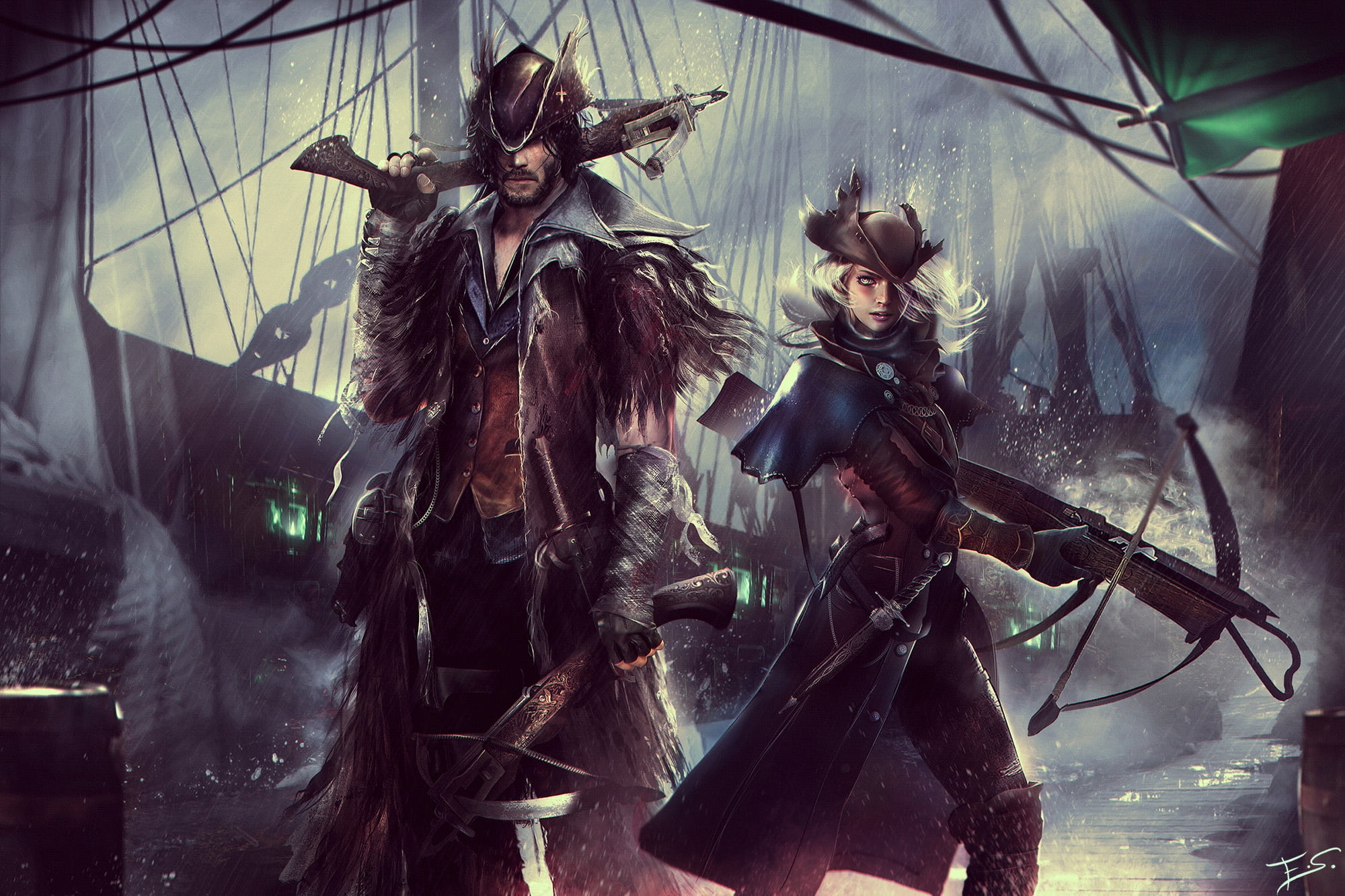 FromSoftware, hat, art, 1080P, crossbow, girl, hunter, bloodborne, male, SCE Japan Studio, HD Wallpaper