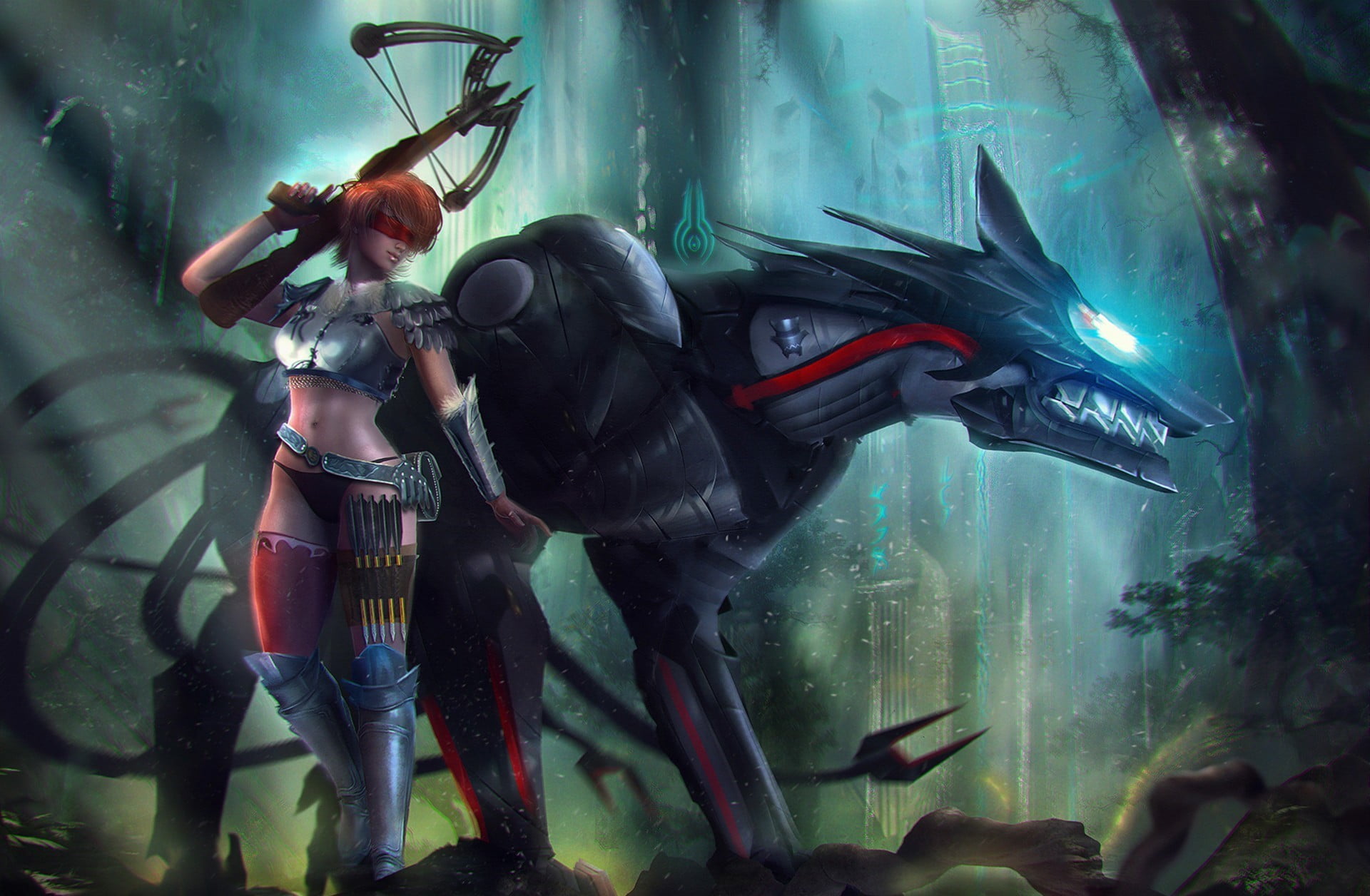 animals in the wild, crossbow, nature, woman, people, artwork, arts culture and entertainment, digital composite, illustration, archer, technology, 1080P, HD Wallpaper