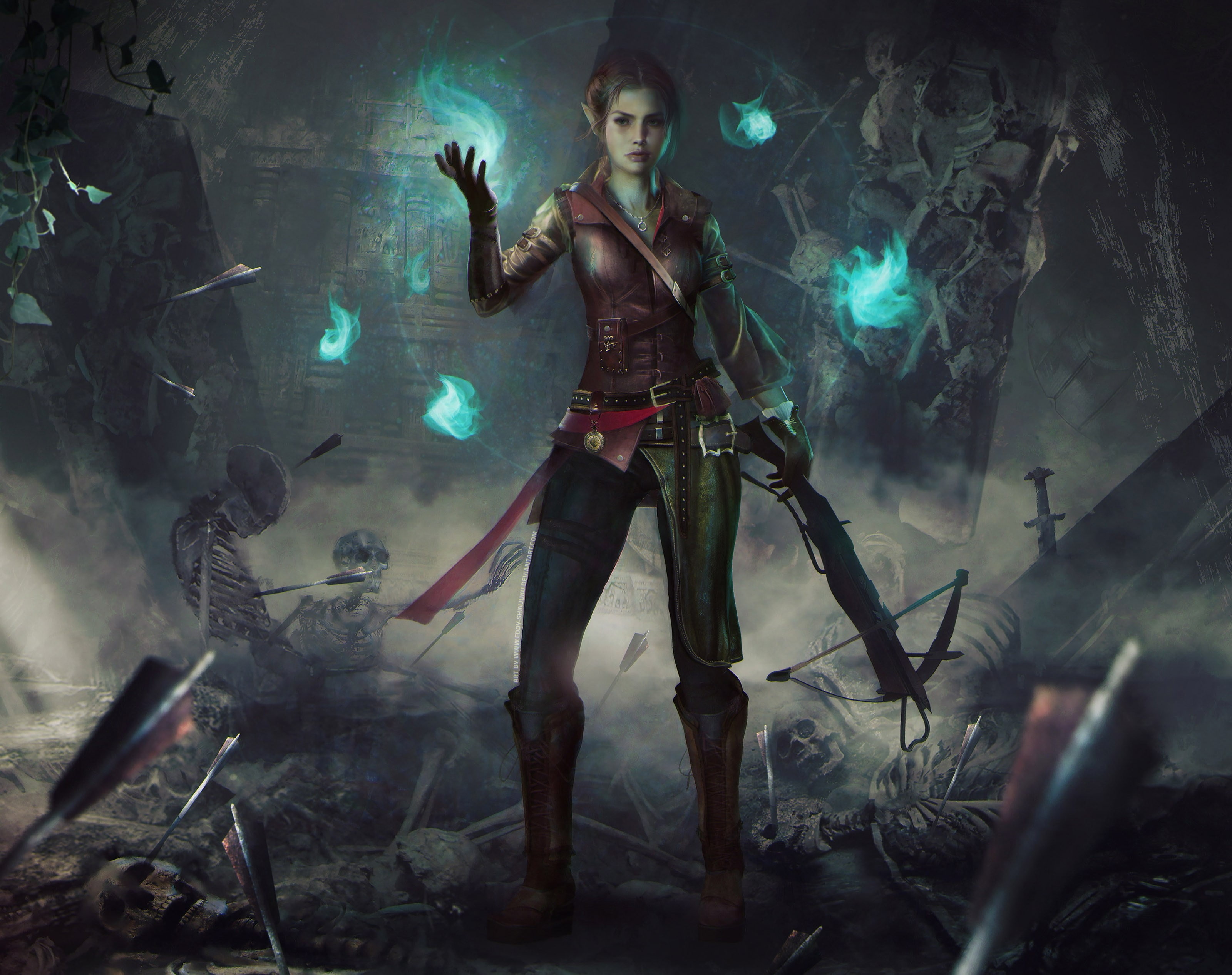 looking at camera, young men, standing, Fantasy, clothing, crossbow, skeleton, adult, skulls, magic, holding, casual clothing, underground, smoke - physical structure, HD Wallpaper
