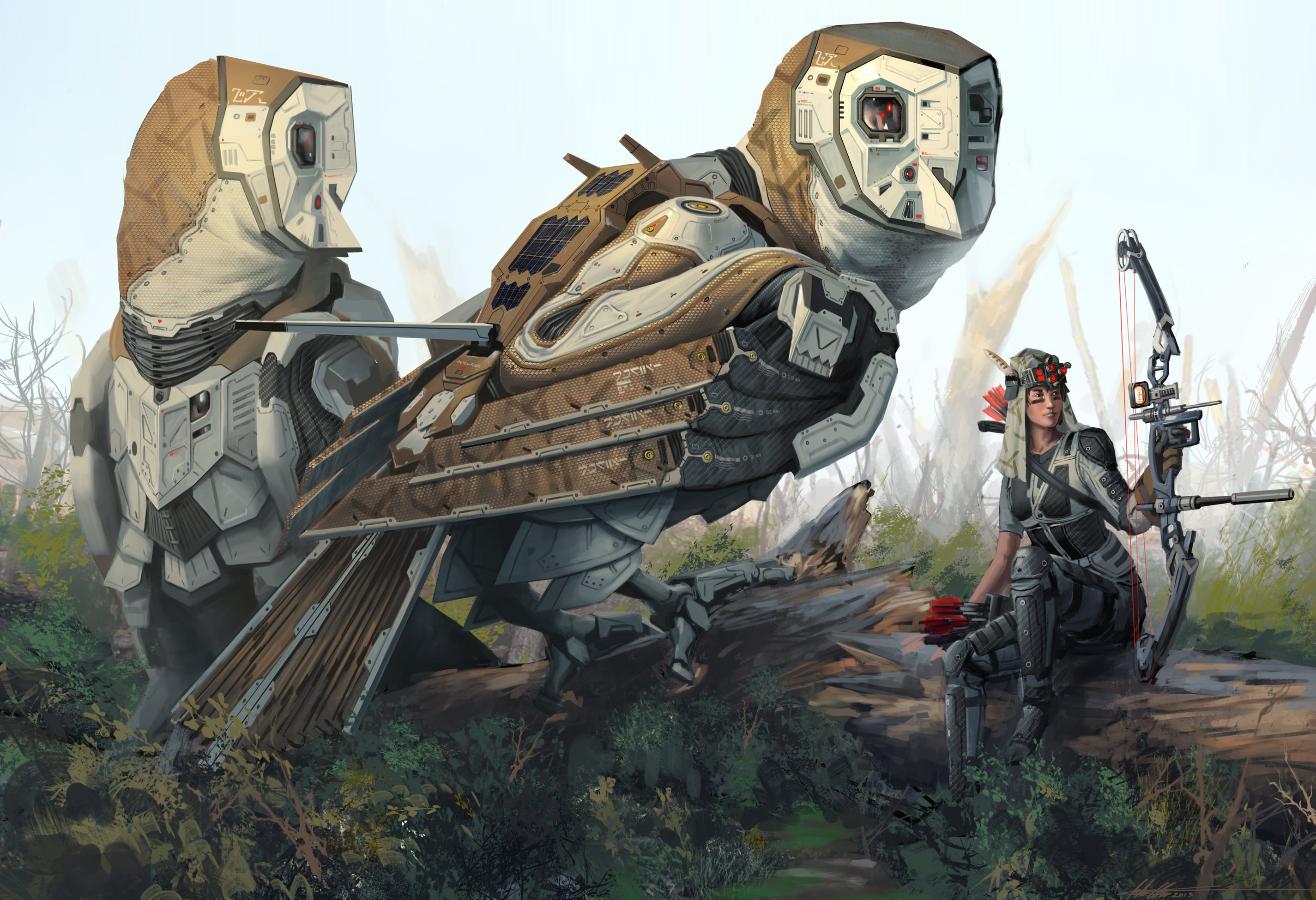  outdoors, bow, giant, horror, robot, digital, disguise, sky, woman, creativity, military, real people, two, full length, sculpture, war, Robert Chew, HD Wallpaper