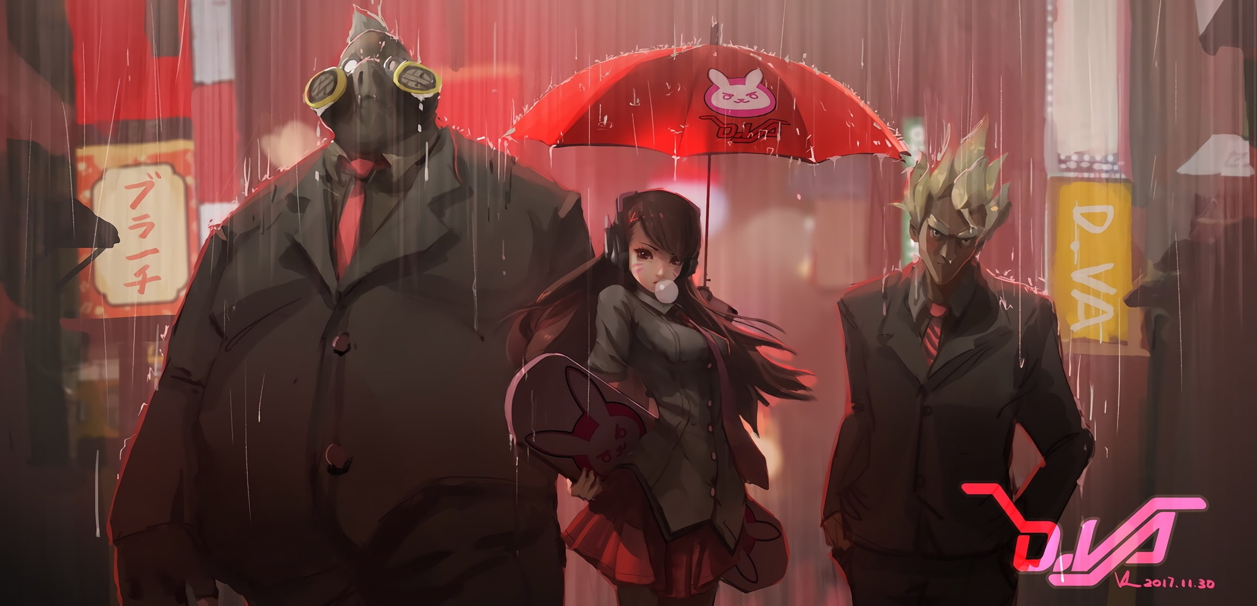 gum, overwatch, raining, 2K, Games, junkrat, artwork, d.va, roadhog, HD Wallpaper