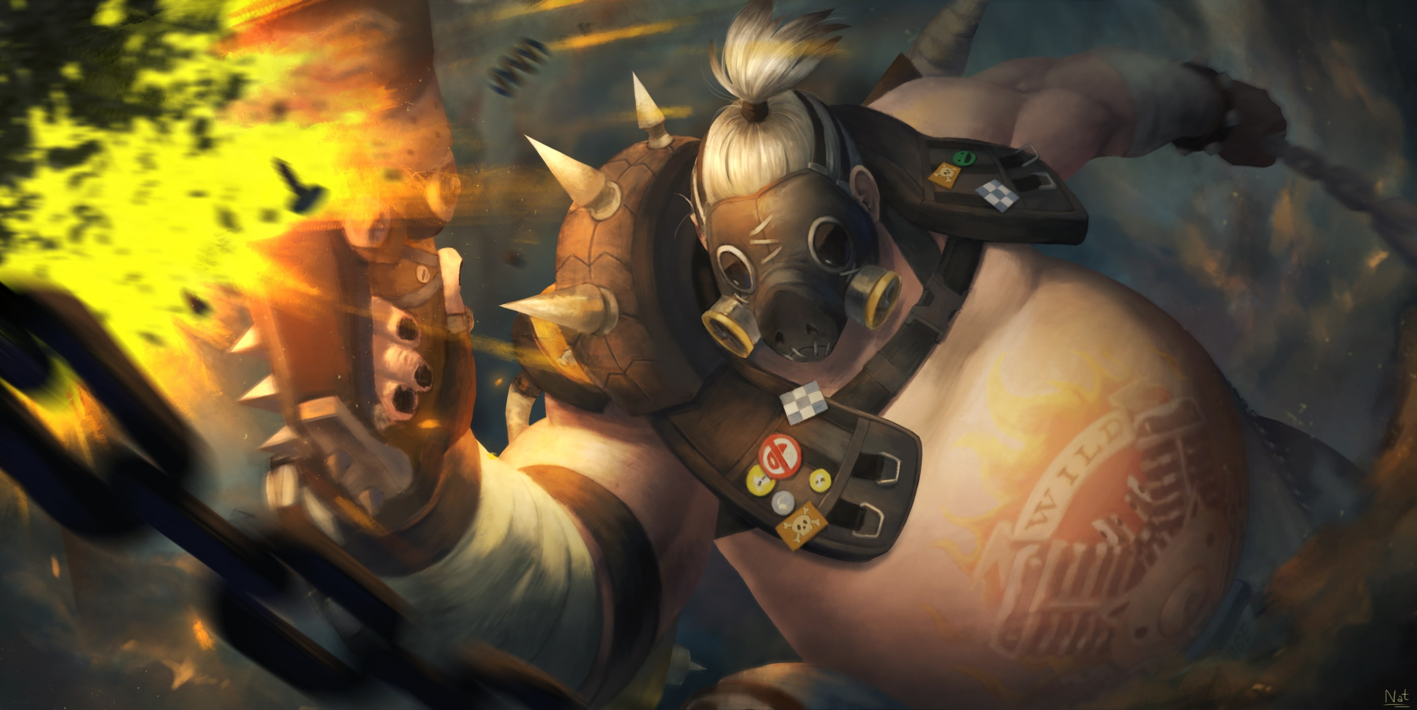 mask, creativity, overwatch, indoors, clothing, weapon, roadhog, nature, explosion, men, art and craft, people, human representation, protection, 2K, security, HD Wallpaper