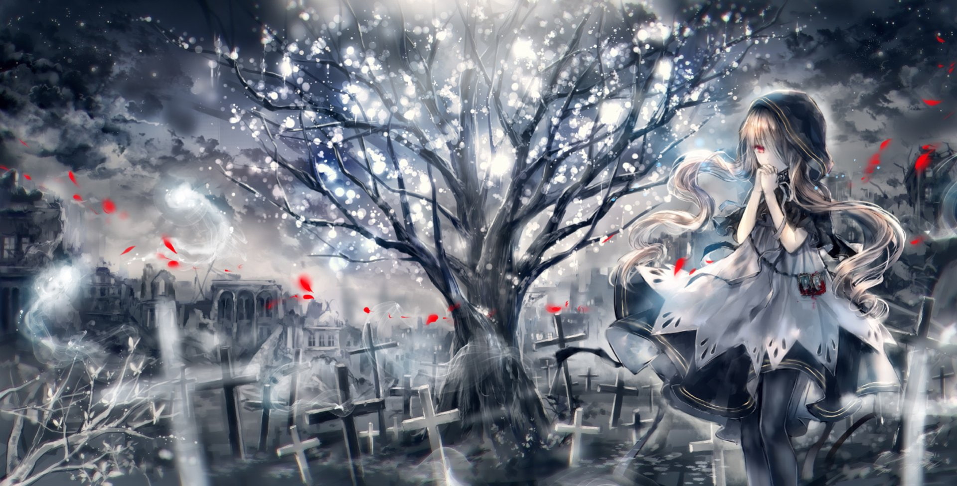 Tree, Anime, Graveyard, 1080P, Blonde, Red Eyes, Original, Night, HD Wallpaper