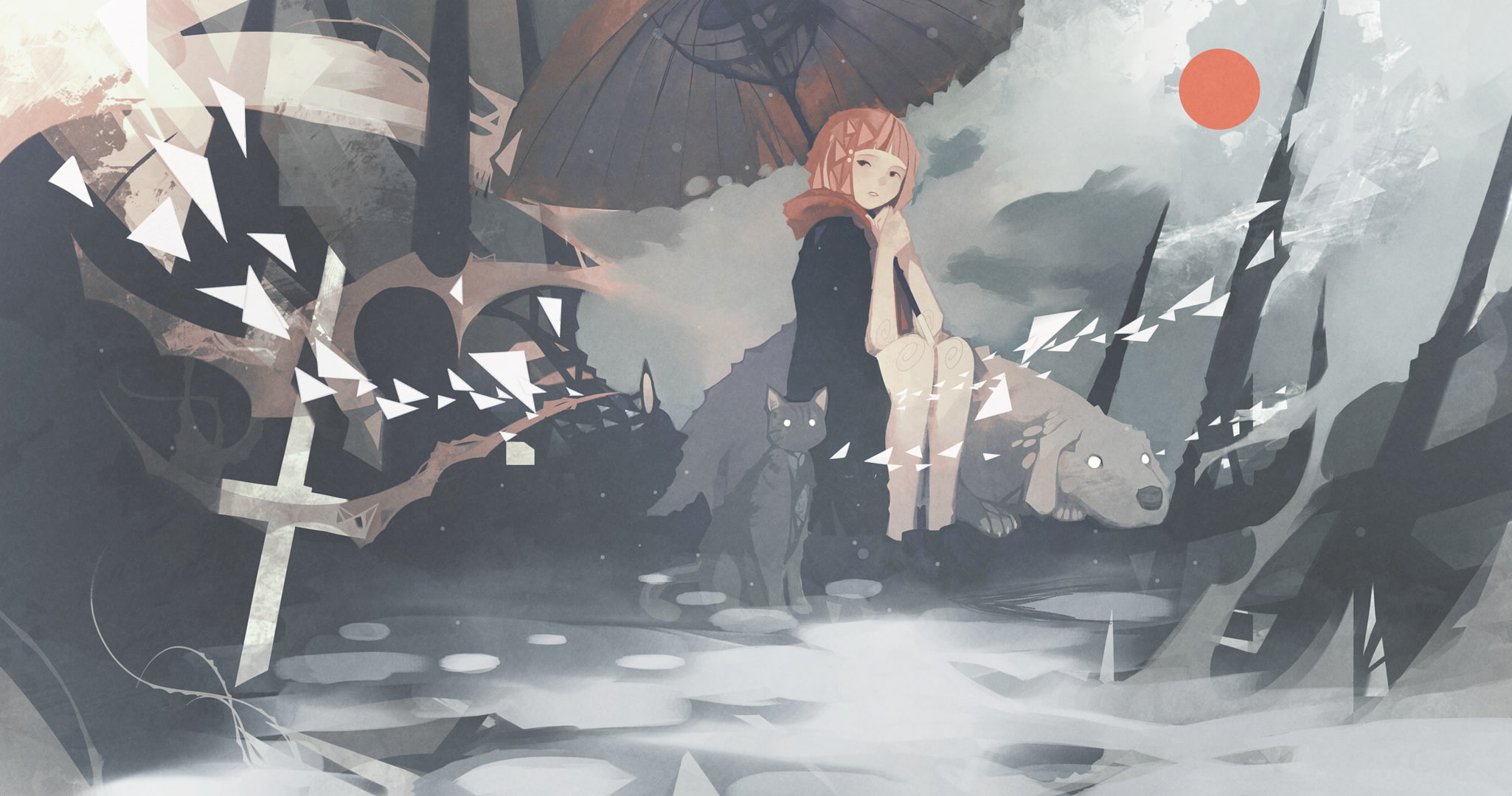 ink, 1080P, traditional art, Nano Mortis, cat, graveyards, dog, HD Wallpaper