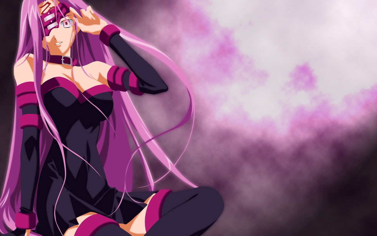 Blindfold, Fate/Stay Night, Glove, Thigh Boots, Long Hair, Pink Eyes, Purple Hair, Collar, Anime, Rider (Fate/stay night), Smile, Fate Series, 720P, Black Dress, HD Wallpaper