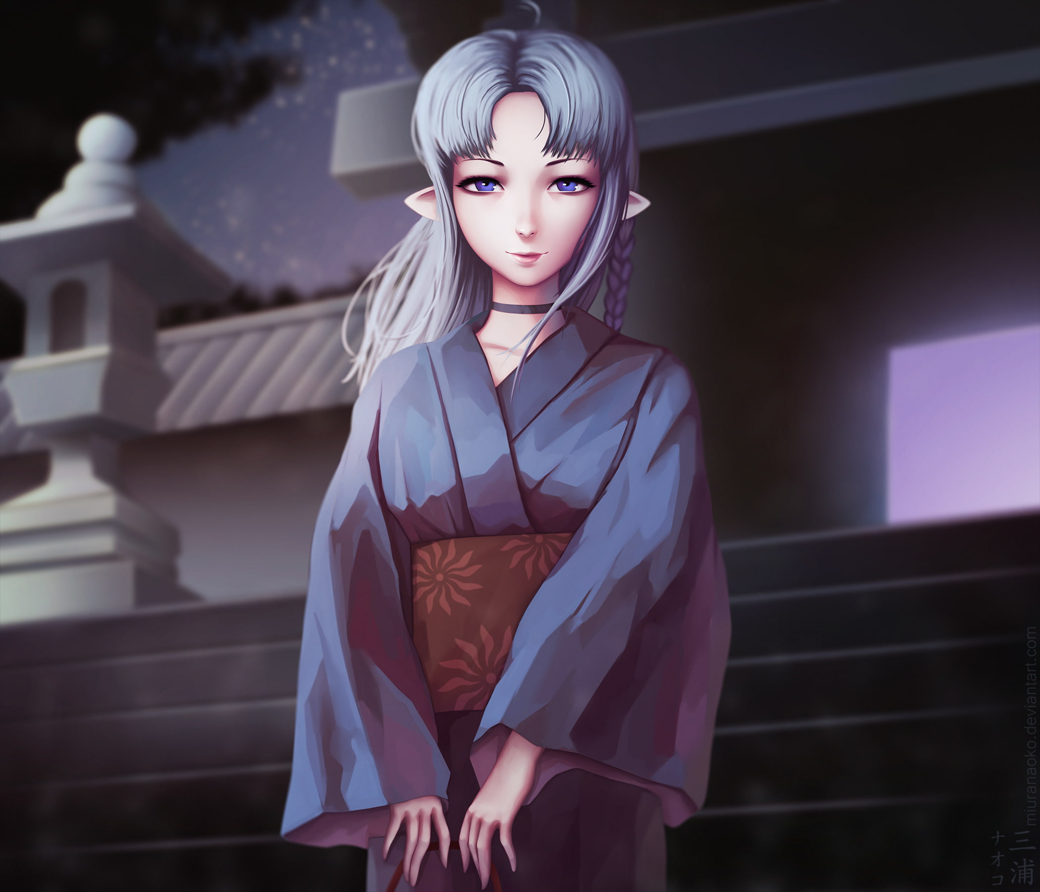 staircase, focus on foreground, Japanese clothes, kimono, looking at camera, Caster (Fate/Stay Night), grey hair, contemplation, hairstyle, beauty, standing, HD Wallpaper
