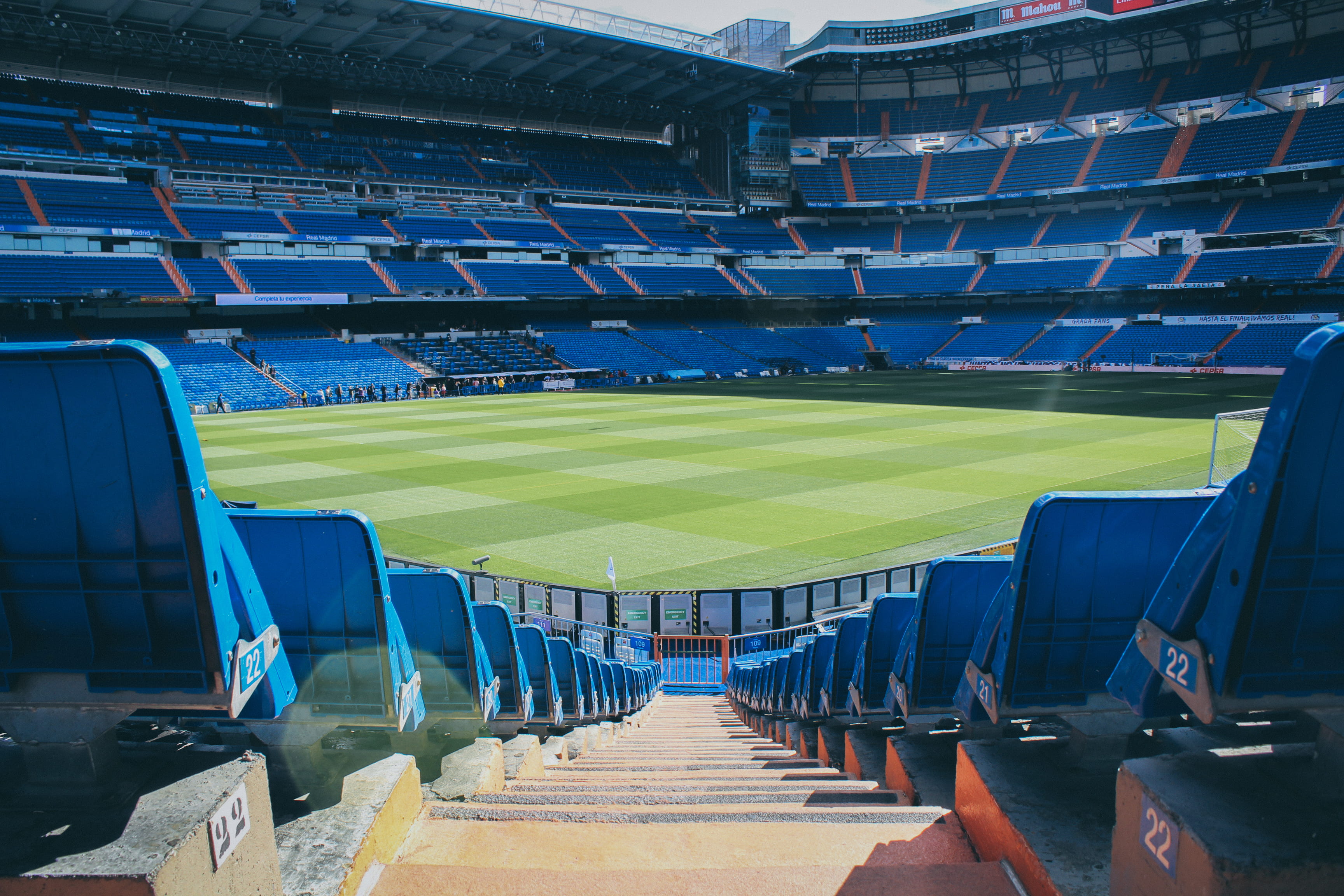 grass, daytime, seat, competition, football, stadium, sports venue, american, no people, absence, soccer field, soccer, outdoors, team sport, empty, green color, HD Wallpaper