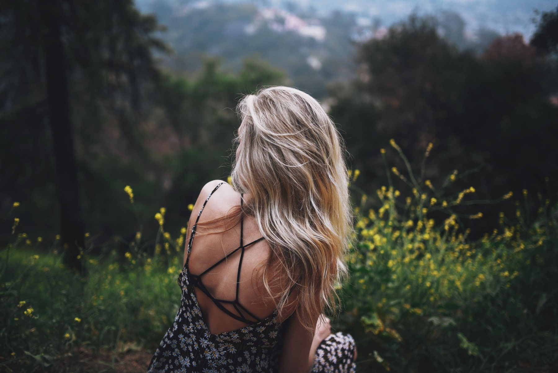 women outdoors, women, back, 720P, bralette, dress, forest, blonde, bra straps, HD Wallpaper