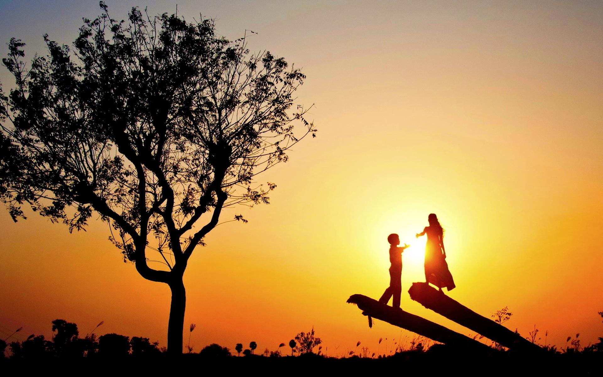 couple, sunset, 3d and abstract, 1080P, silhouette, tree, silhoutte, love, HD Wallpaper