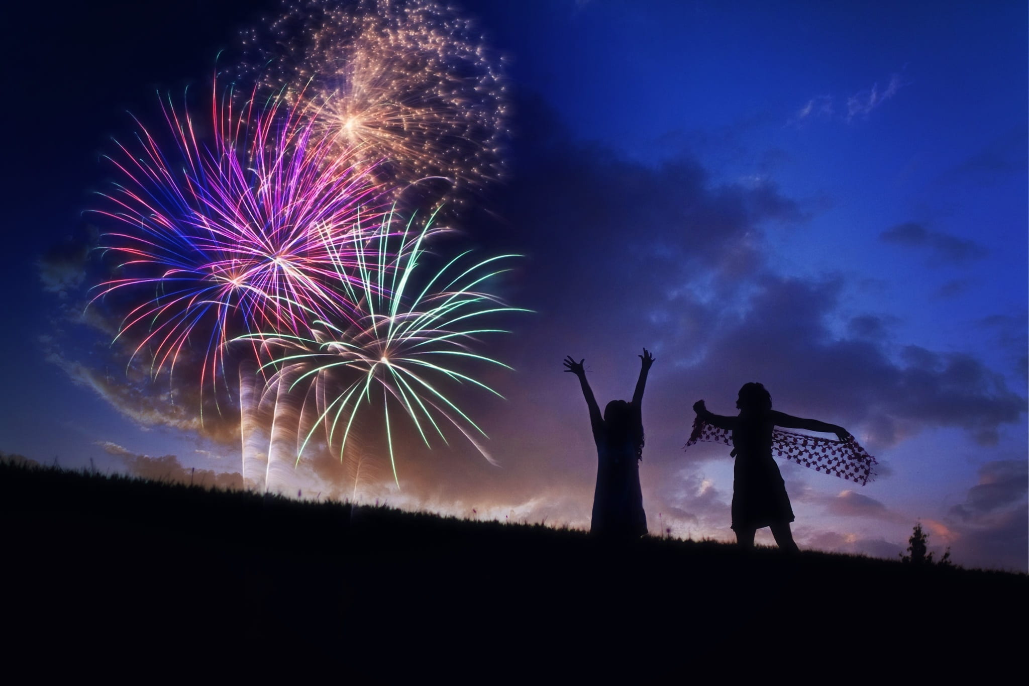 euphoria, firework display, fireworks, happy, emotion, togetherness, dark, night, adult, couple - relationship, nature, 1080P, standing, sky, males, two people, HD Wallpaper