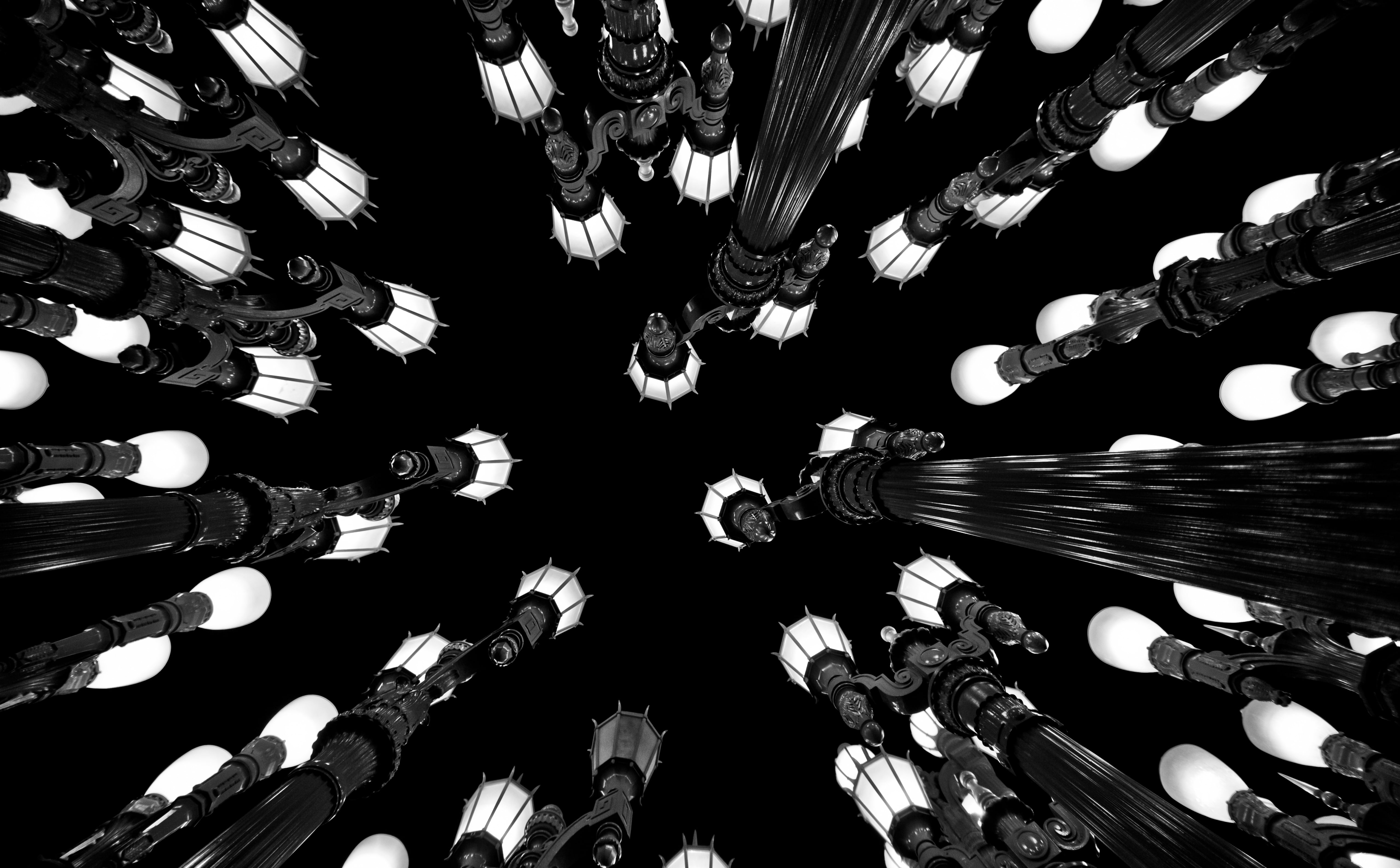 united states, Museum, Los Angeles County Museum of Art, chris burden, glowing, backgrounds, directly below, chris, grayscale, decoration, no people, light, HD Wallpaper