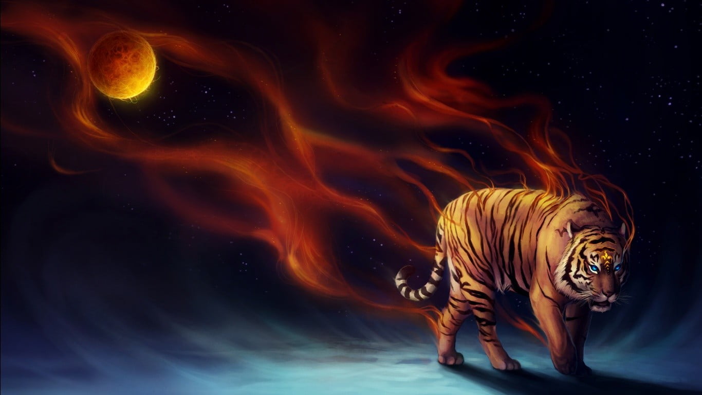 720P, nature, digital composite, sea, big cat, animals in the wild, mouth open, water, no people, red, aura, night, animal, aggression, feline, HD Wallpaper