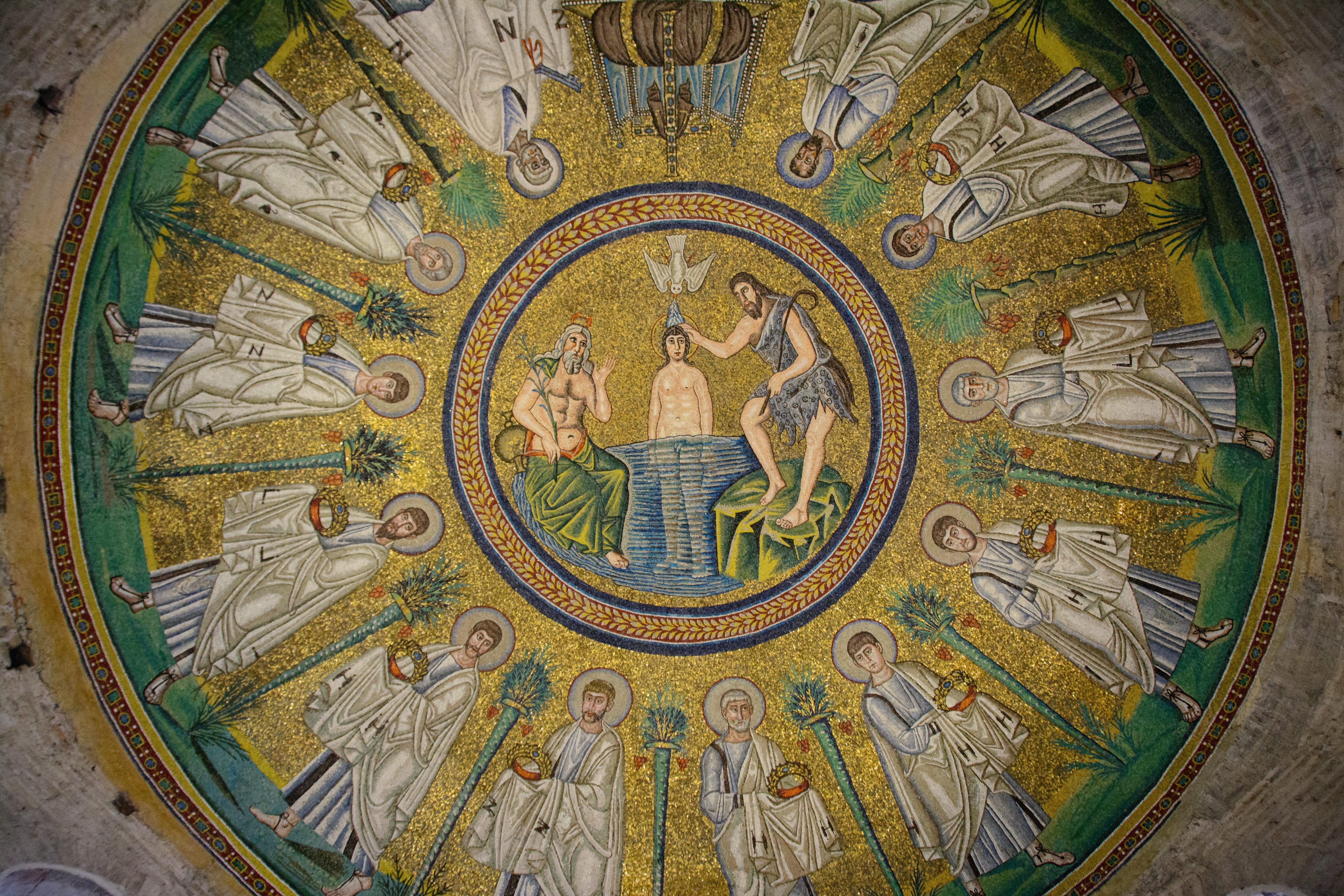 religion, Color, travel destinations, indoors, mural, place of worship, representation, multi colored, ceiling, art and craft, fresco, dome, ravenna, 5K, HD Wallpaper