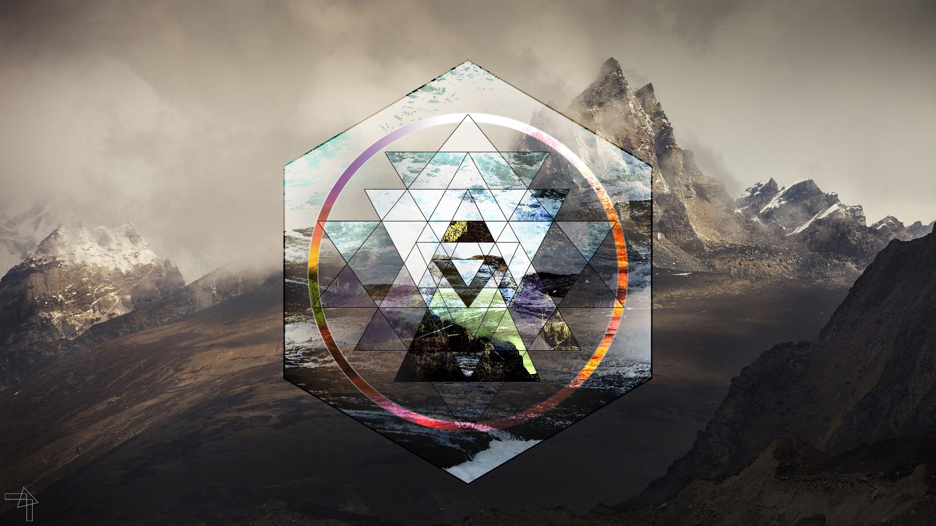 nature, one person, shape, solid, hexagon, creativity, Polyscape, outdoors, 1080P, sky, built structure, day, landscape, multi colored, architecture, mountain, HD Wallpaper